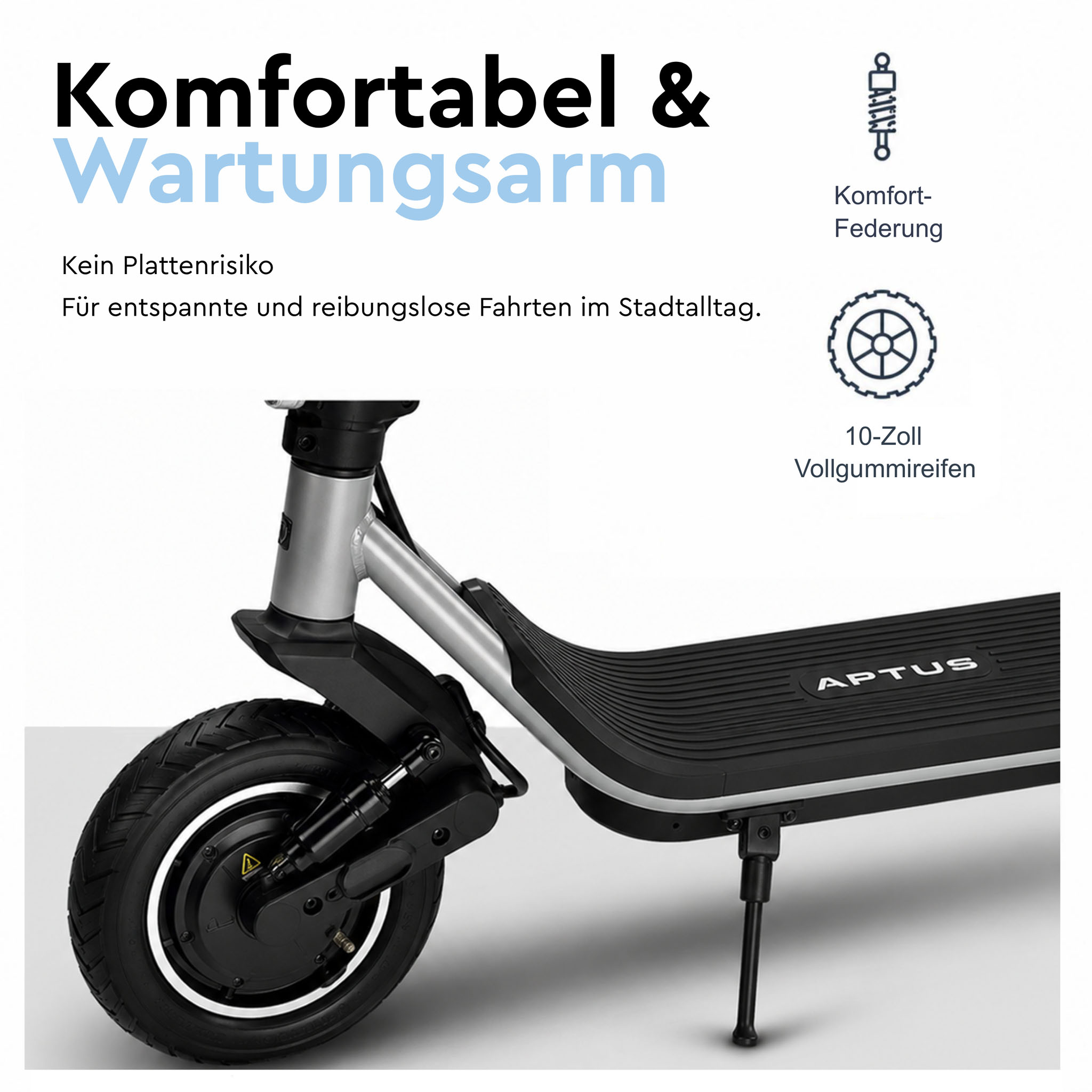 Ein Elektroscooter mit Federung und Vollgummireifen.