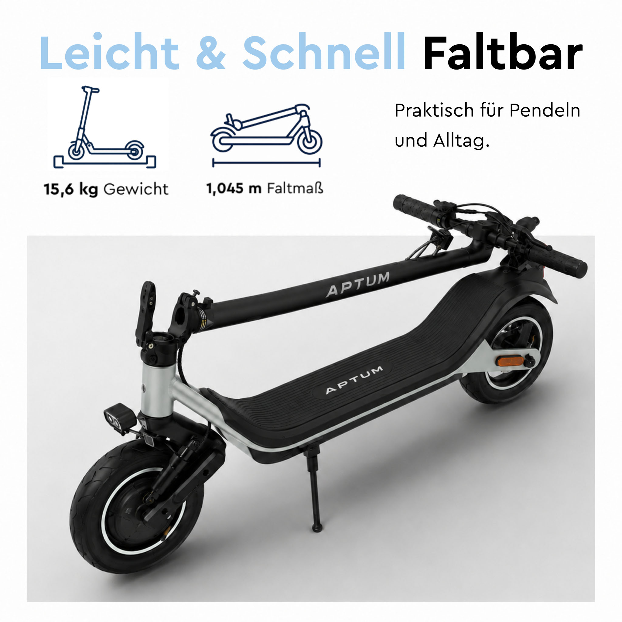 Ein schwarzer APTUM Elektroroller mit silbernem Rahmen, der leicht und faltbar ist.