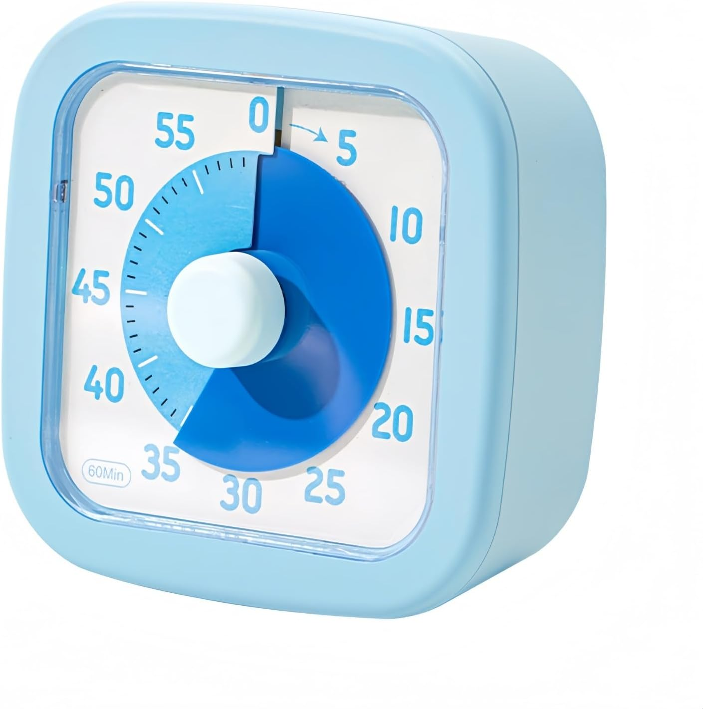 Hellblauer 60-Minuten-Timer mit blauem Zifferblatt und weißem Knopf.