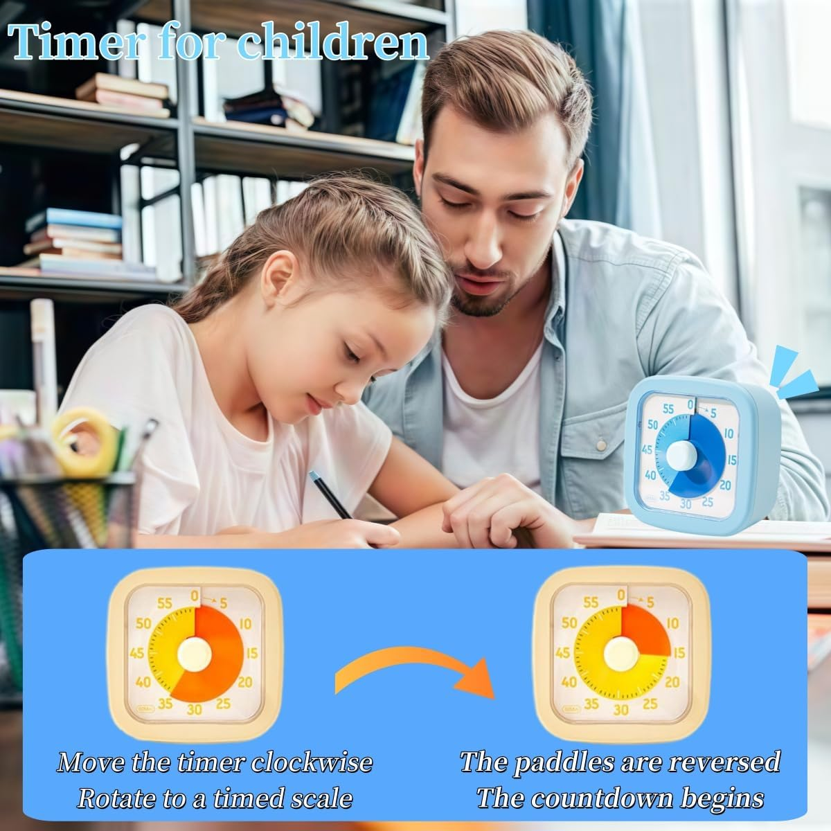 Ein Mann und ein Kind lernen. Ein blauer Timer ist auf dem Tisch.