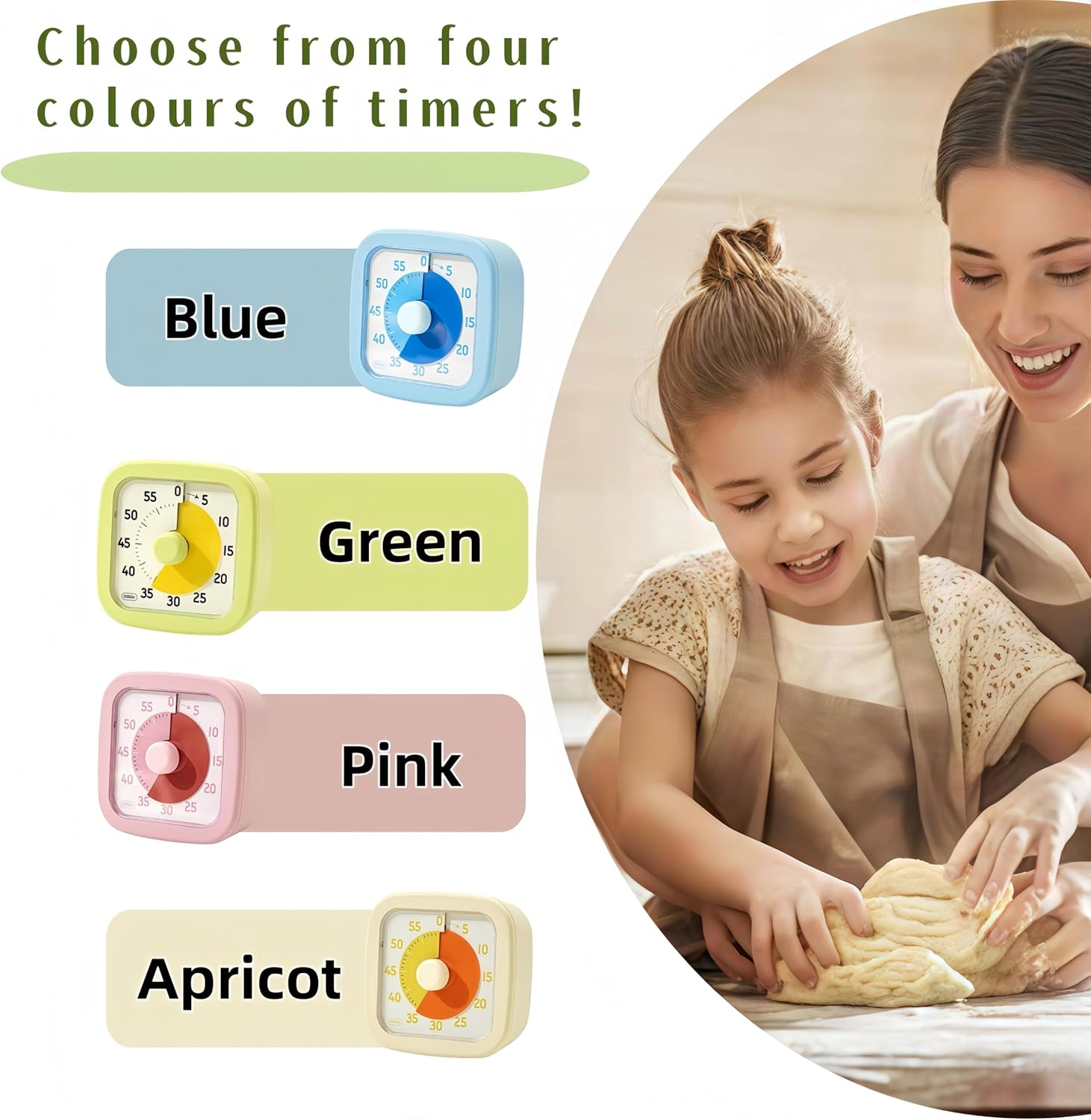 Vier farbige Timer: Blau, Grün, Pink, Apricot. Mutter und Kind backen.