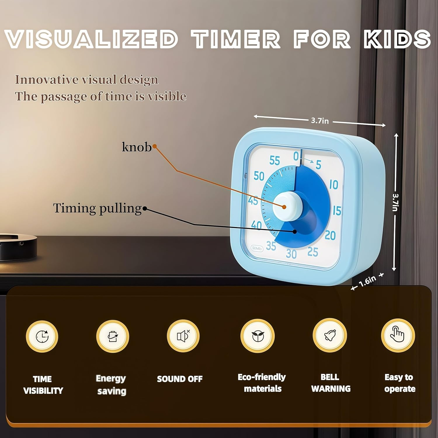 Ein hellblauer visueller Timer für Kinder mit einem weißen Zifferblatt und blauen Markierungen.