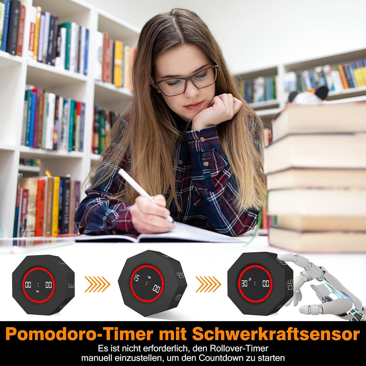 Ein Mädchen lernt mit einem Pomodoro-Timer im Bücherregal.