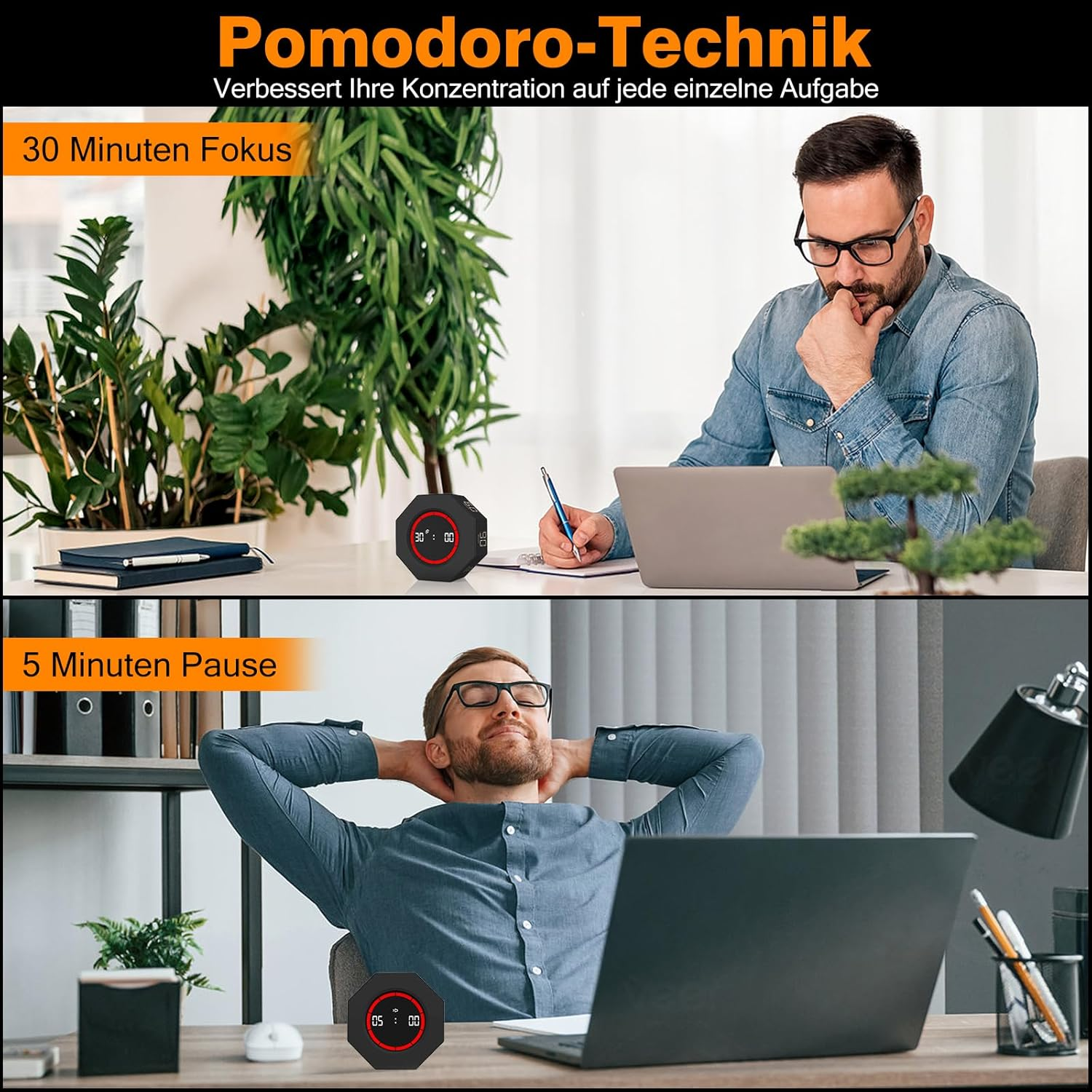 Mann arbeitet am Laptop, dann entspannt er sich. Ein Timer zeigt 30 Min Fokus und 5 Min Pause.