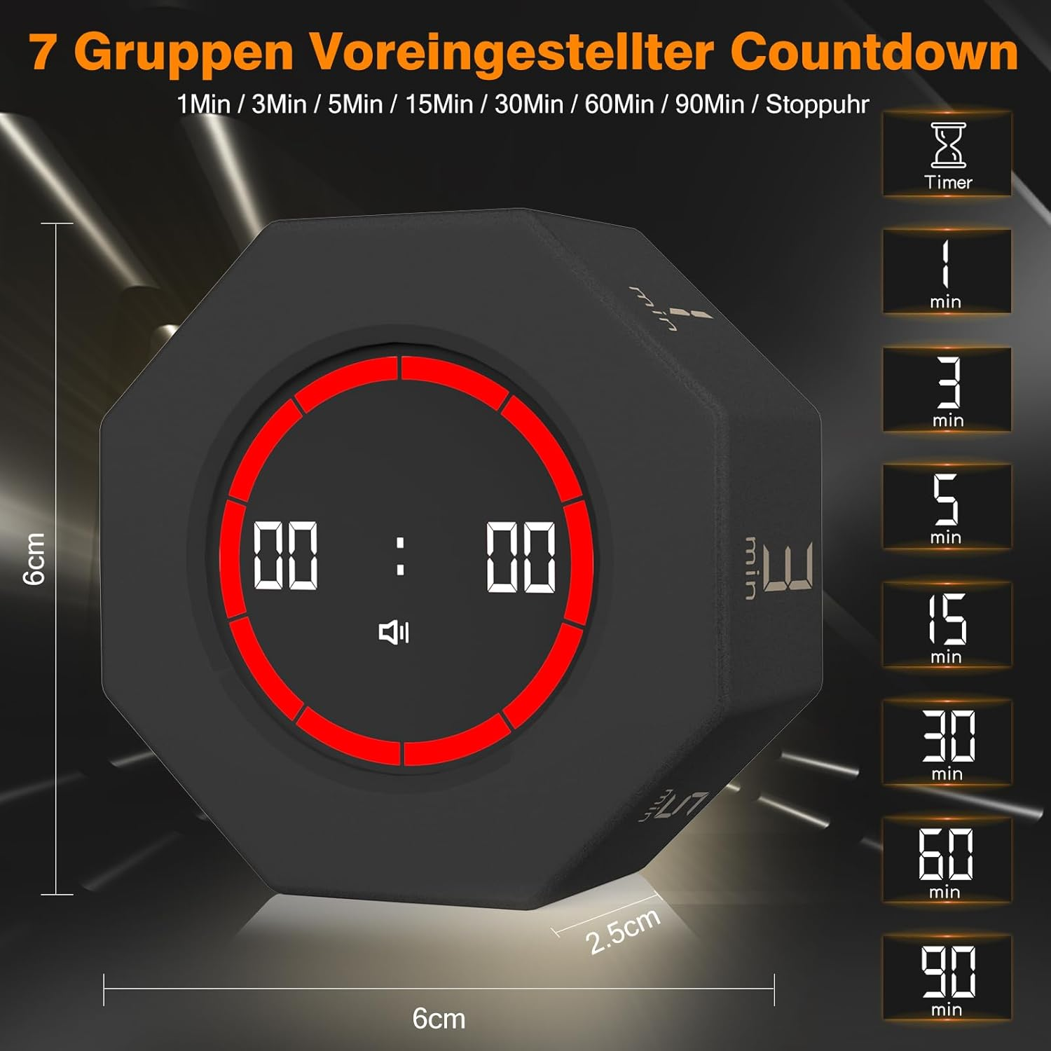 Ein schwarzer digitaler Timer mit rotem Ring und Zeitangaben.