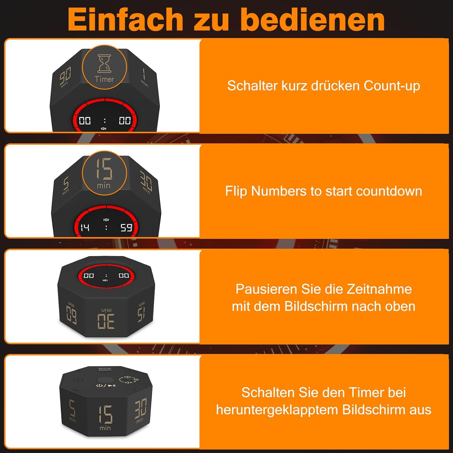 Anleitung zur Bedienung eines digitalen Timers mit verschiedenen Modi.
