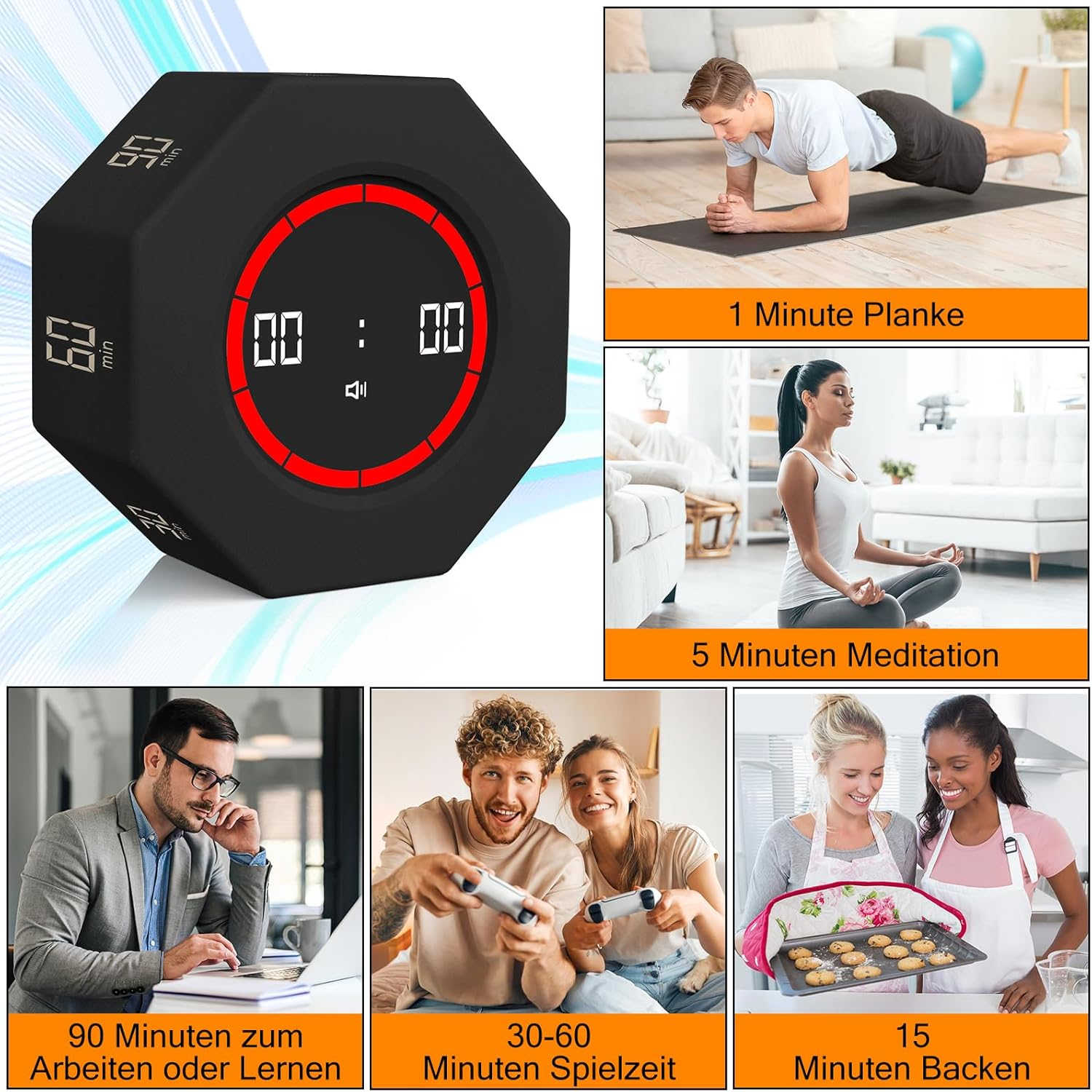 Ein schwarzer digitaler Timer mit verschiedenen Szenen für Sport, Meditation, Arbeit und Spiele.