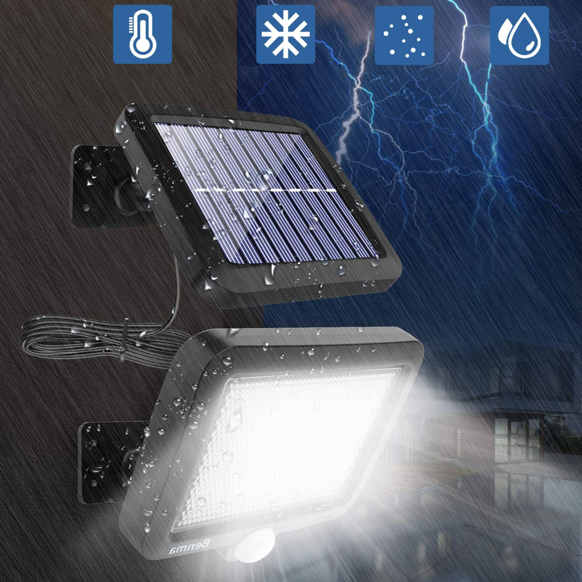 Solarleuchte mit Bewegungssensor bei Regen, Schnee und Blitz.