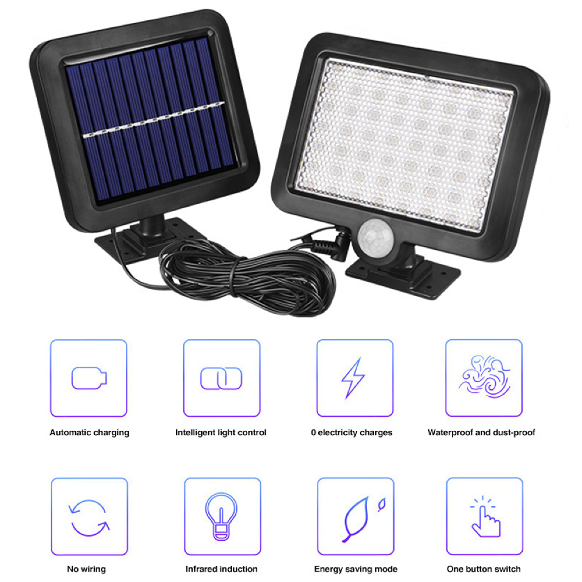 Solarleuchte mit Solarpanel, LED-Licht, Bewegungssensor und Kabel.