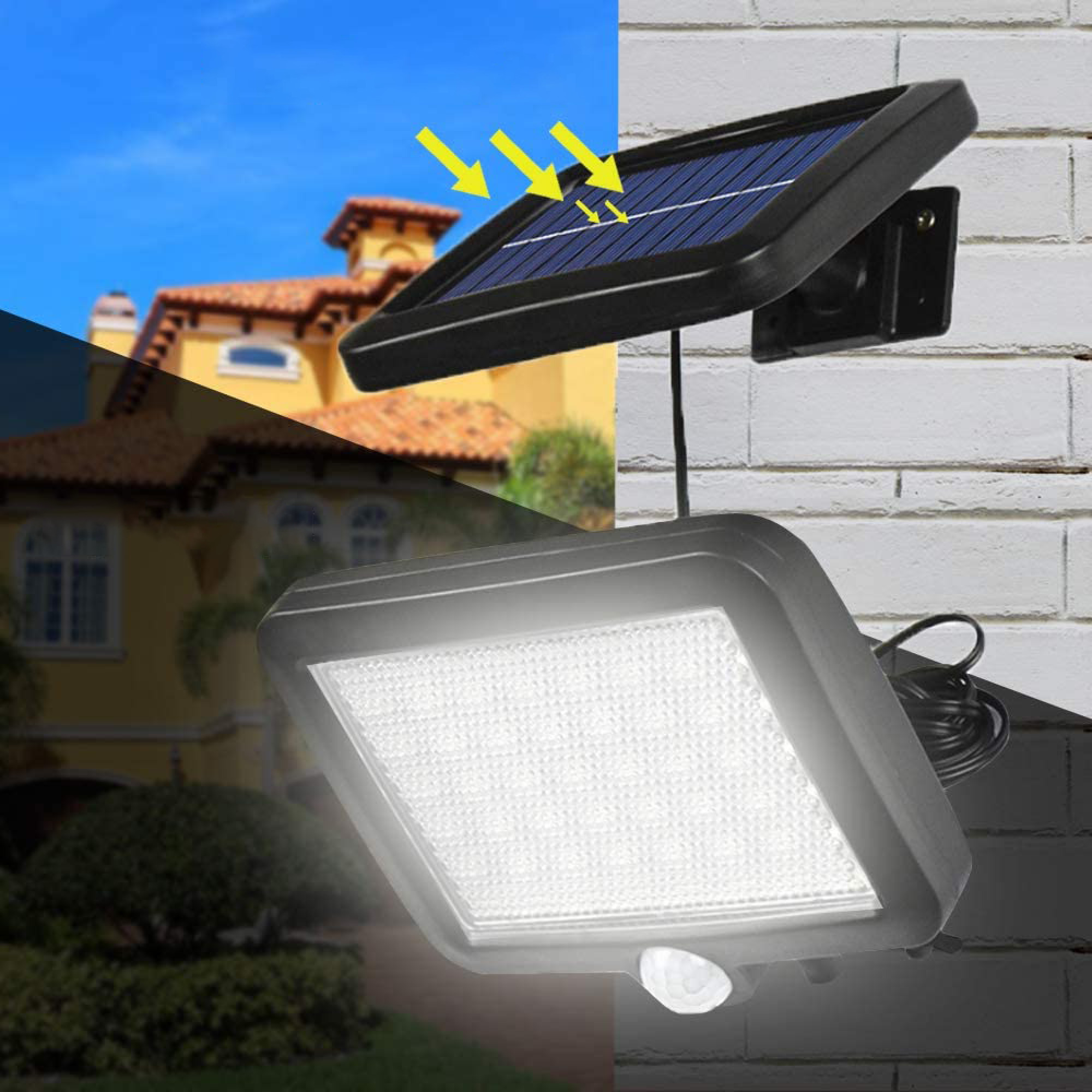 Solarleuchte mit Bewegungsmelder und Haus im Hintergrund.