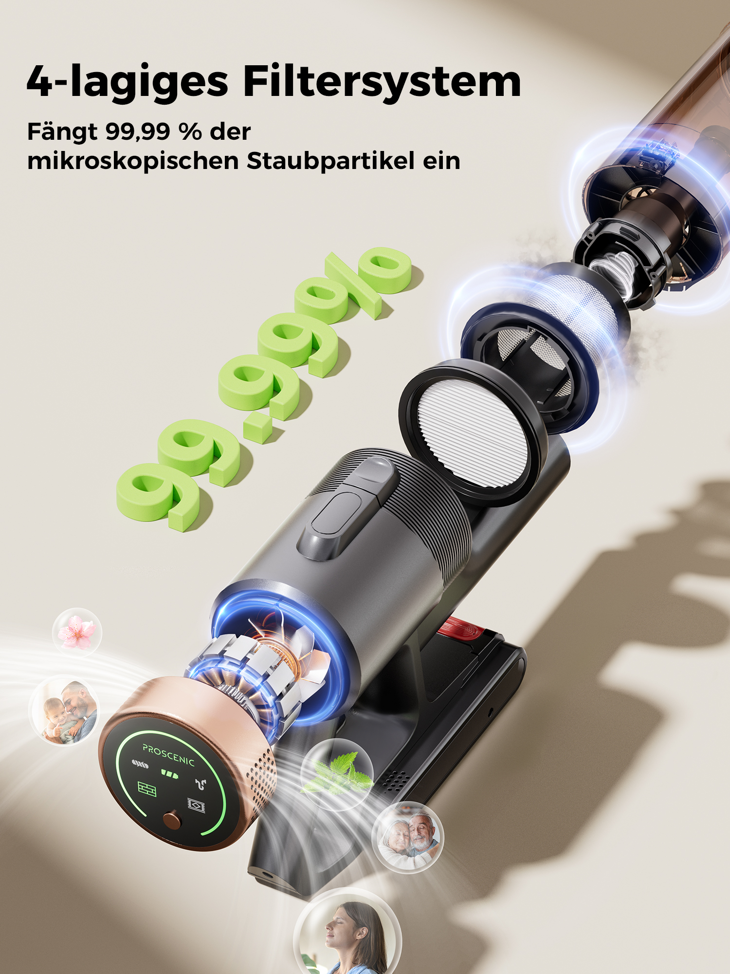 Un aspirapolvere con sistema di filtraggio a 4 strati che cattura il 99,99% delle particelle di polvere.