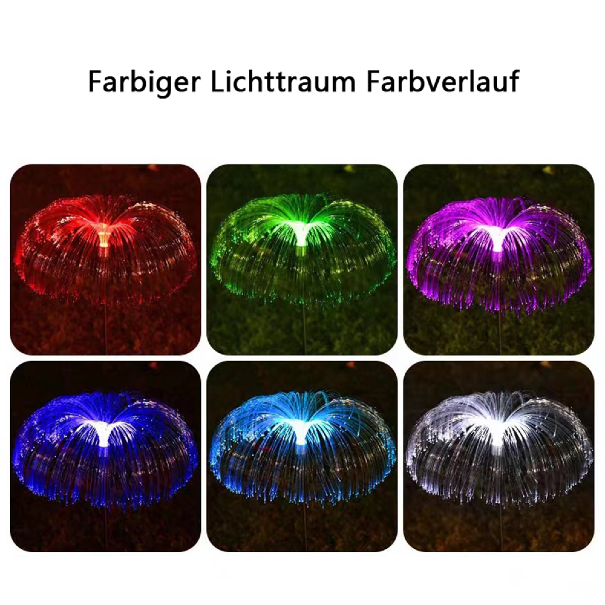 Sechs leuchtende Faserlicht-Gartenleuchten in Rot, Grün, Lila, Blau, Hellblau und Weiß.