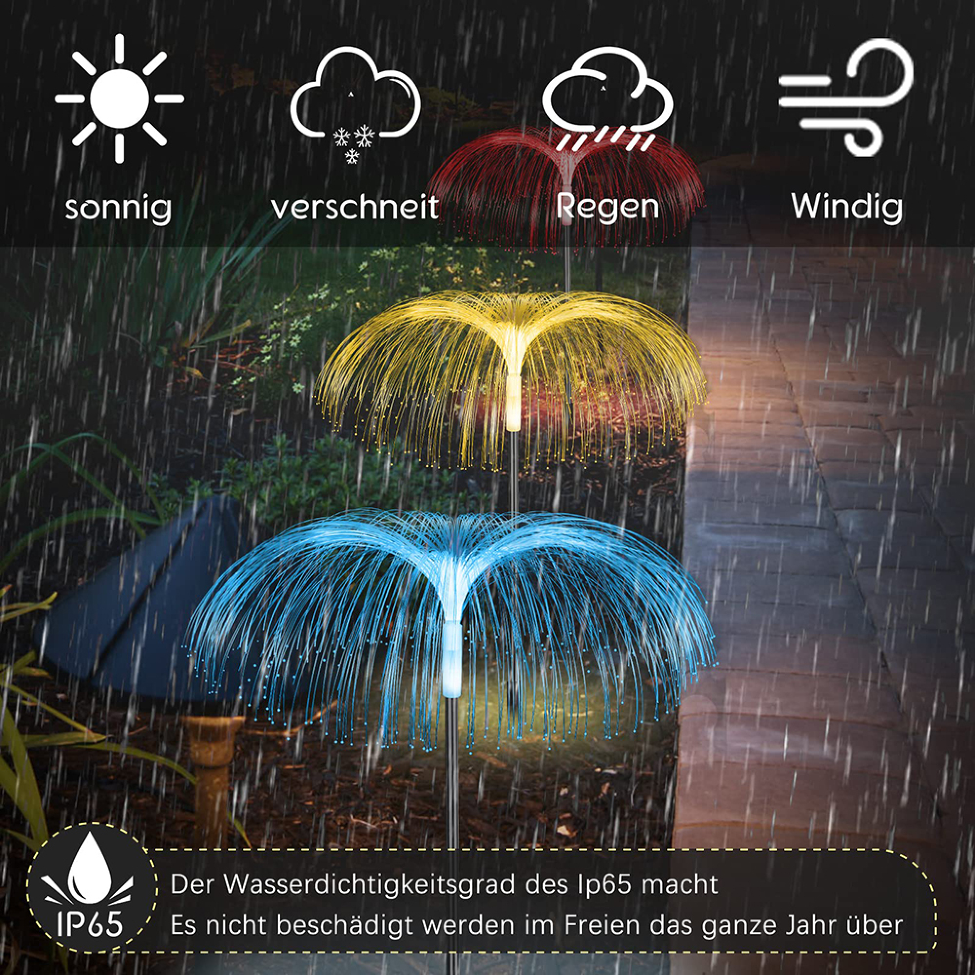 Drei leuchtende Blumenlampen in Gelb und Blau im Regen. IP65.