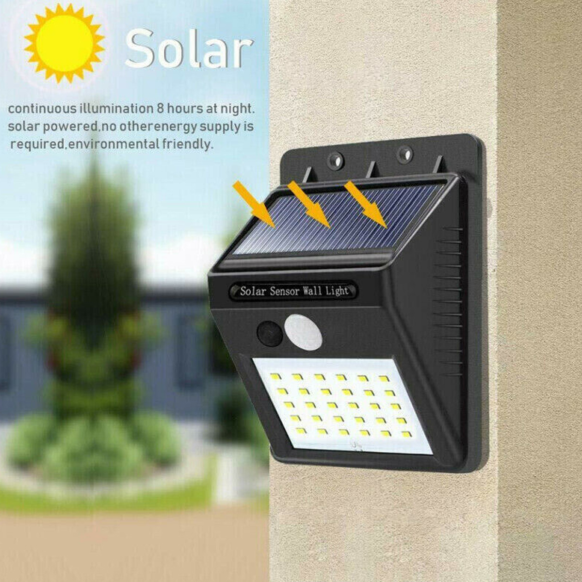 Solar Wandleuchte mit Bewegungssensor und Paneel, befestigt an einer Wand.