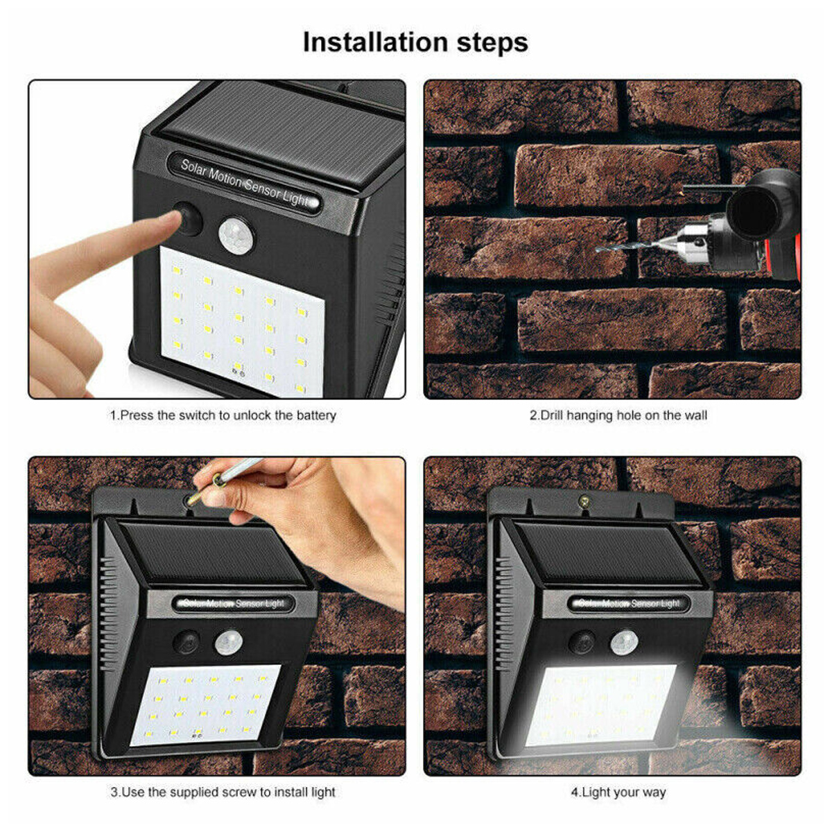 Installationsschritte: Akku entriegeln, Loch bohren, Lampe anbringen, Licht einschalten.