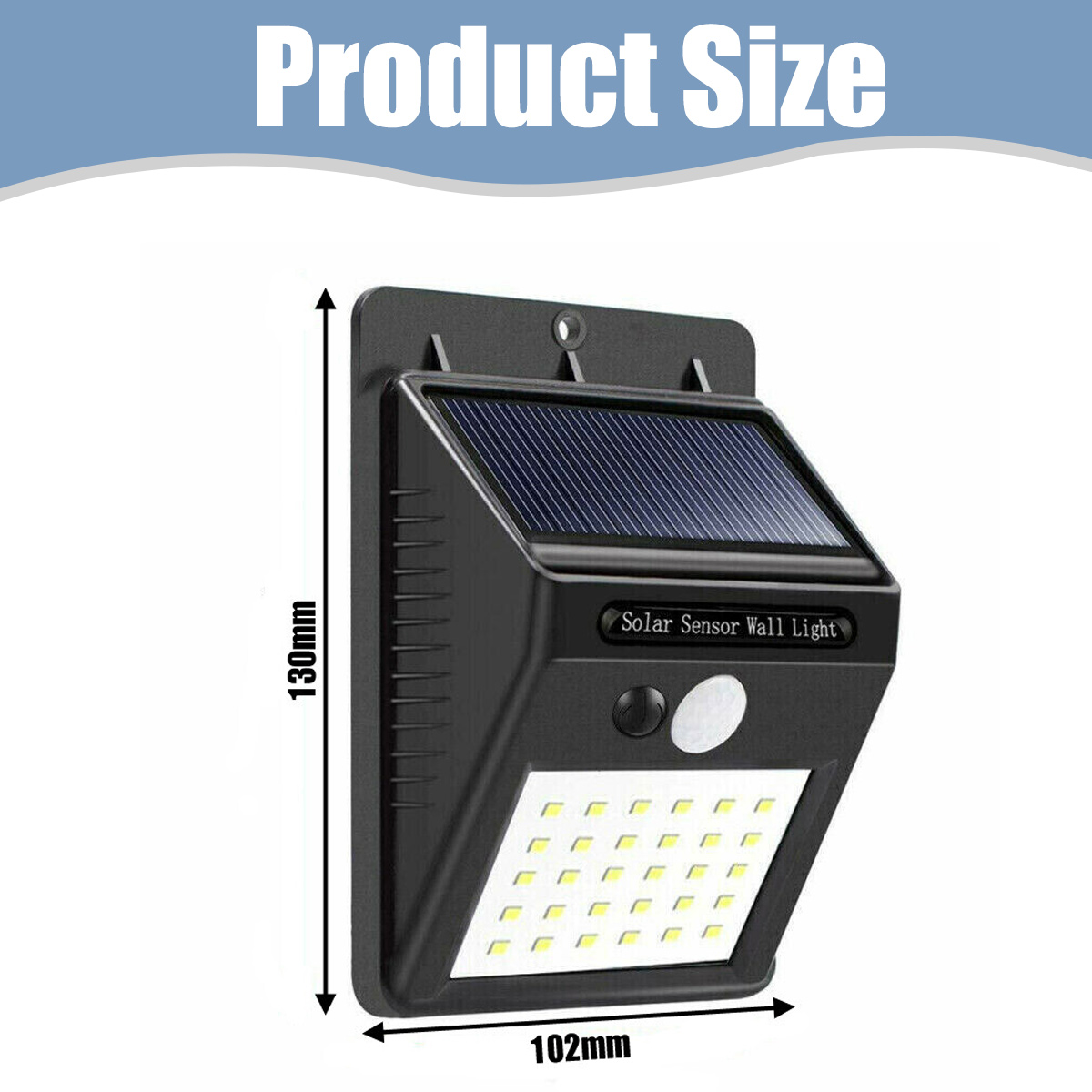 Schwarze Solarwandleuchte mit Sensor, 130 mm hoch, 102 mm breit.