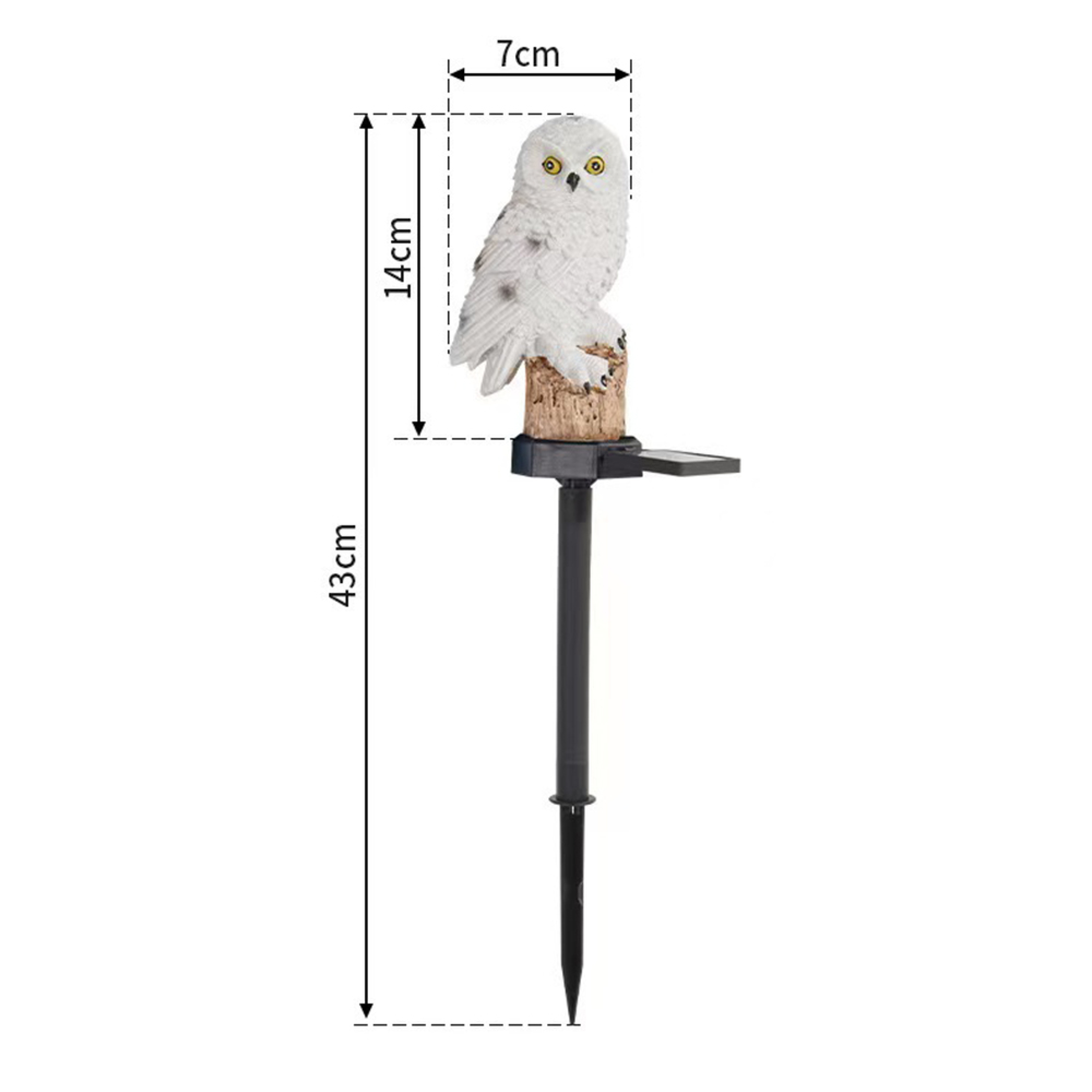 Weiße Eule auf einem Stab mit Solarpanel. Maße: 43cm hoch.