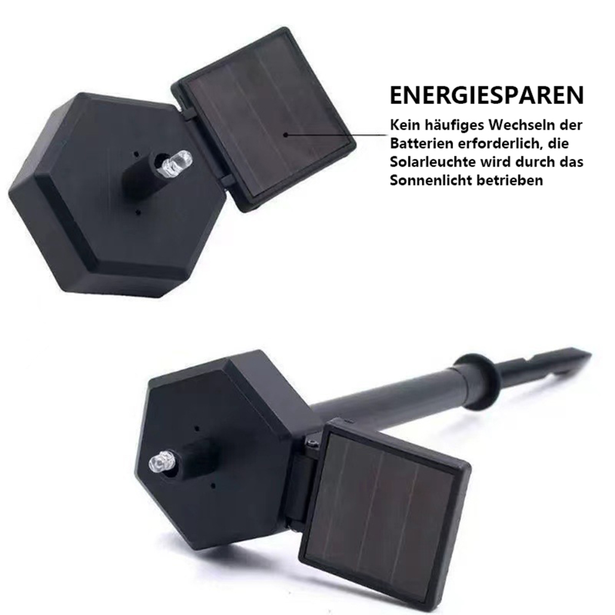 Schwarze Solarleuchte mit zwei Paneelen und LED. Kein Batteriewechsel nötig.