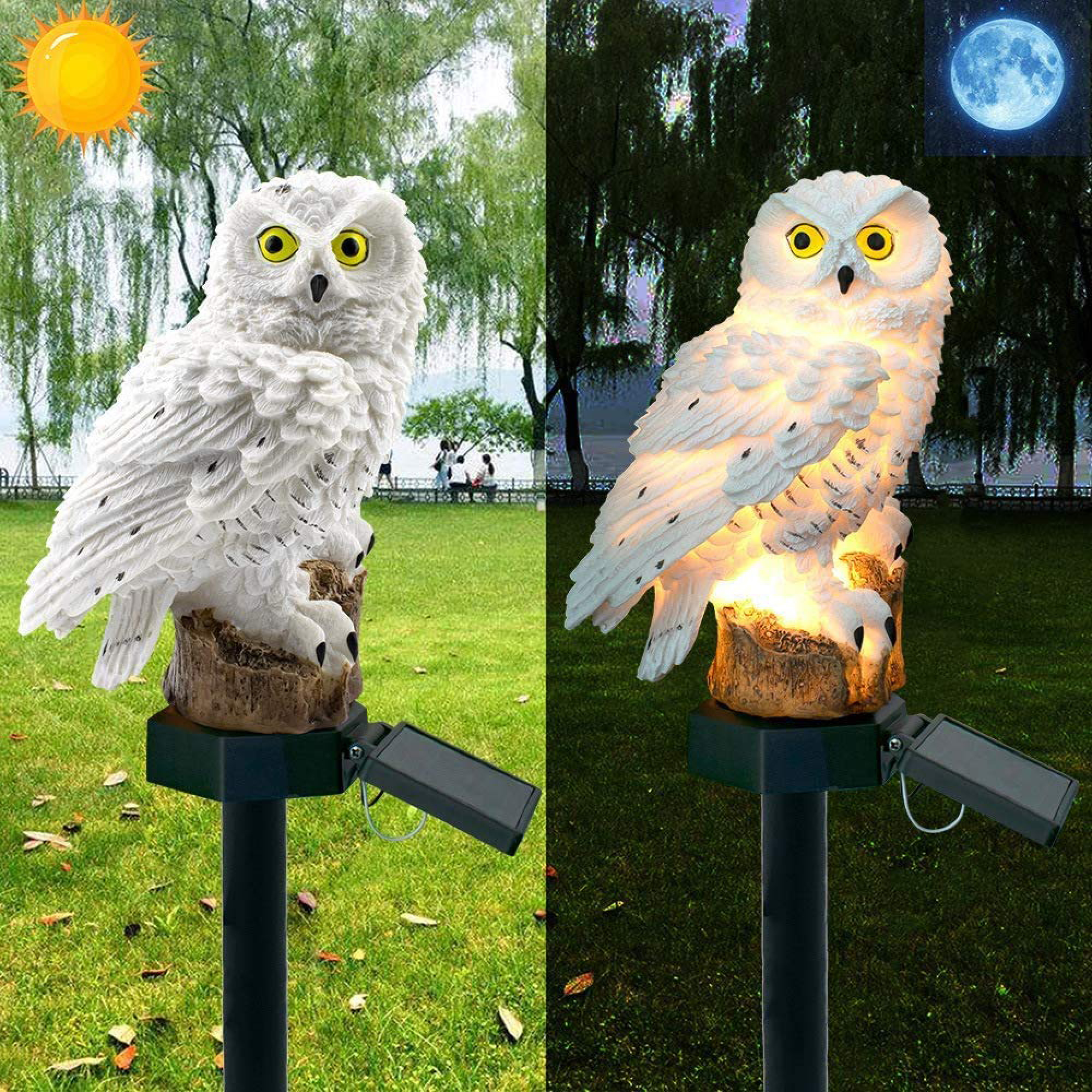 Weißer Eulen-Solarlicht im Tag- und Nachtmodus, mit Sonne und Mond.