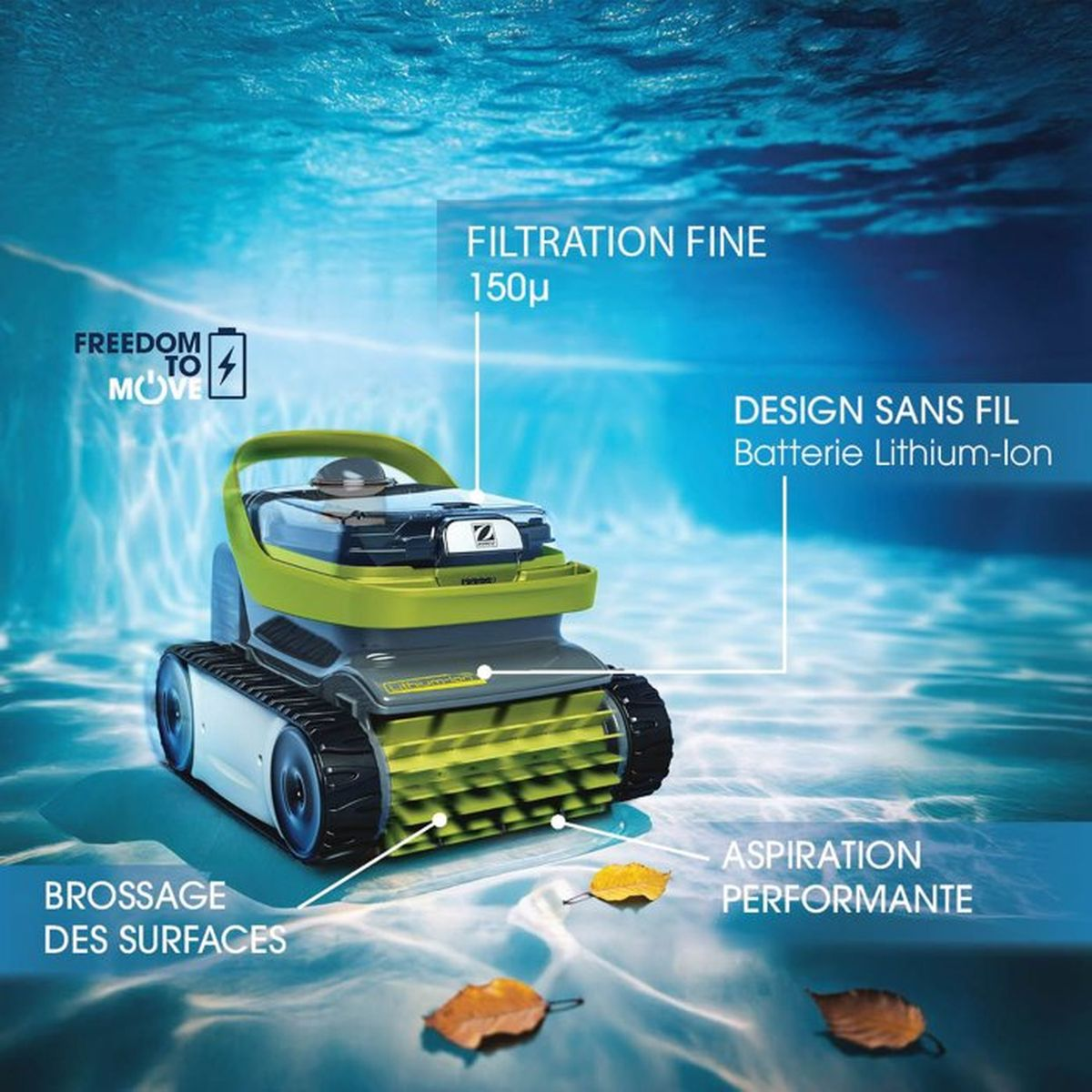 Ein grüner Poolroboter mit Raupenantrieb unter Wasser, mit Blättern auf dem Beckenboden.
