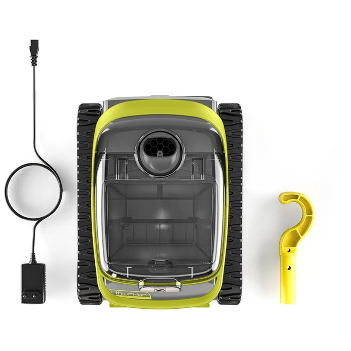 Ein grüner und grauer Poolroboter mit Ladekabel und gelbem Haken.