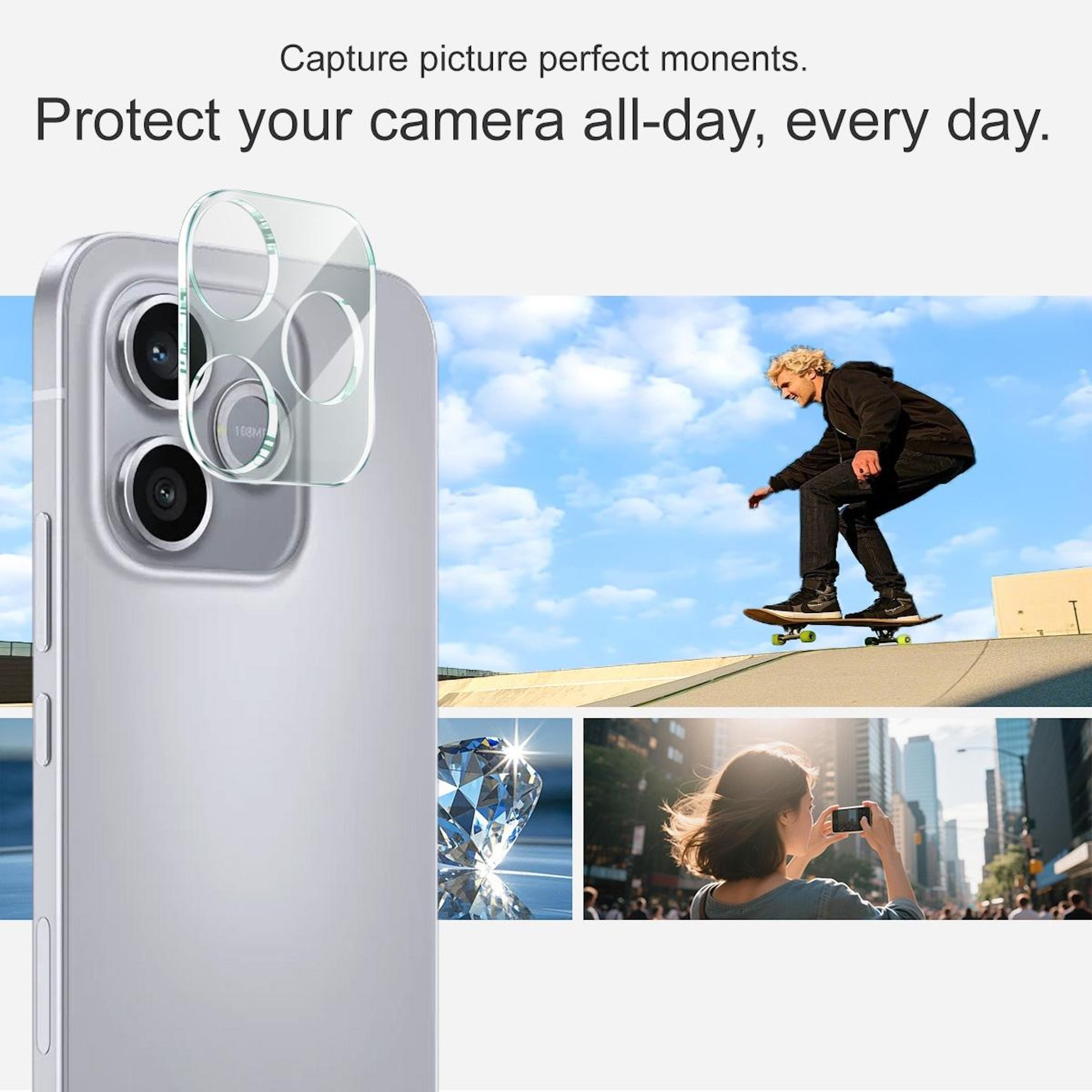 Silbernes Handy mit Kamera-Schutz, Skateboarder, Diamant und Frau mit Handy.