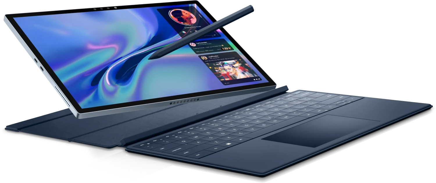 Ein blaues Convertible-Laptop mit Stift, das auf einer Tastatur steht.