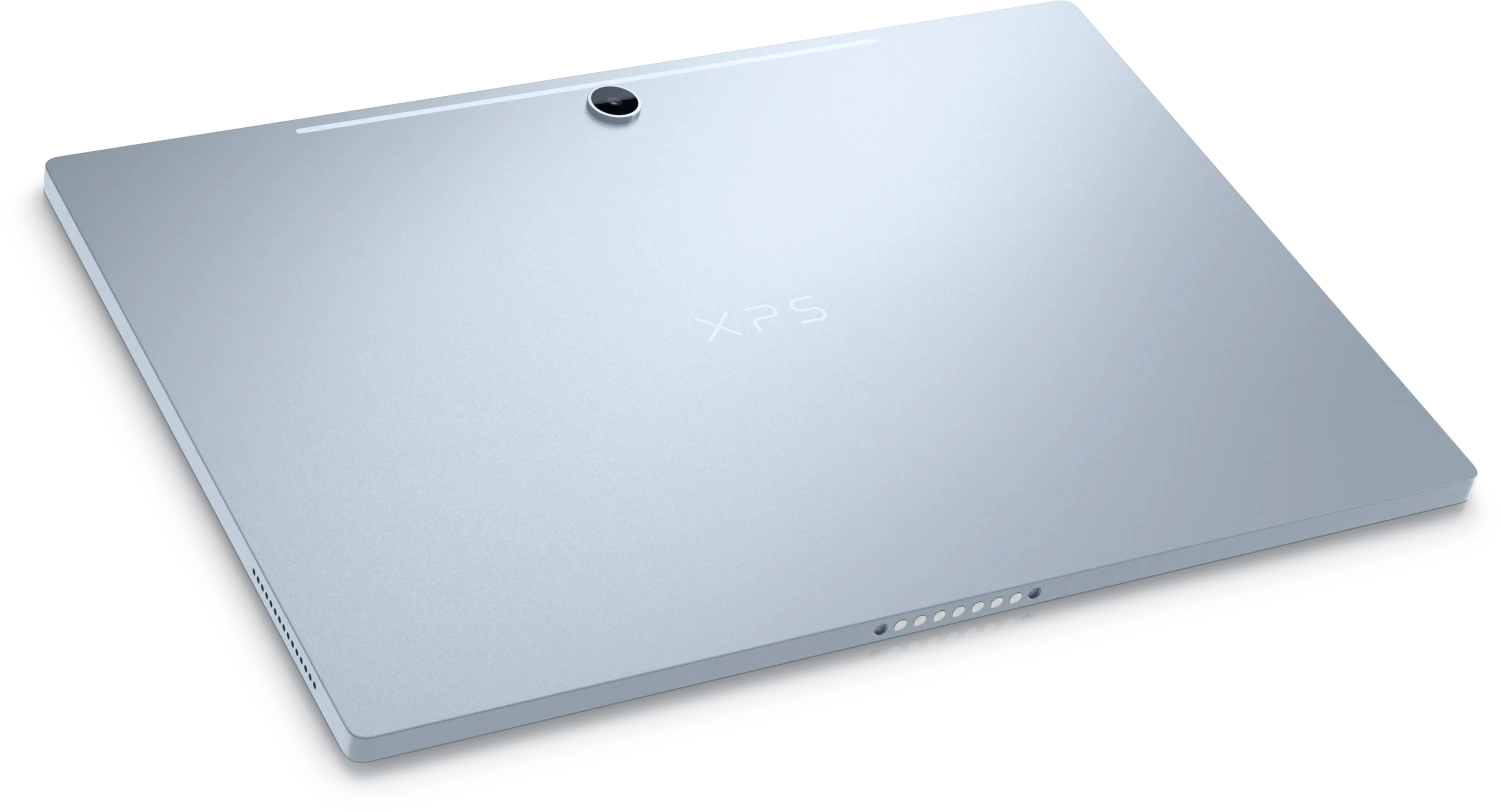 Ein silbernes XPS-Tablet mit einer Kamera oben links und Lautsprechergittern an der Seite.