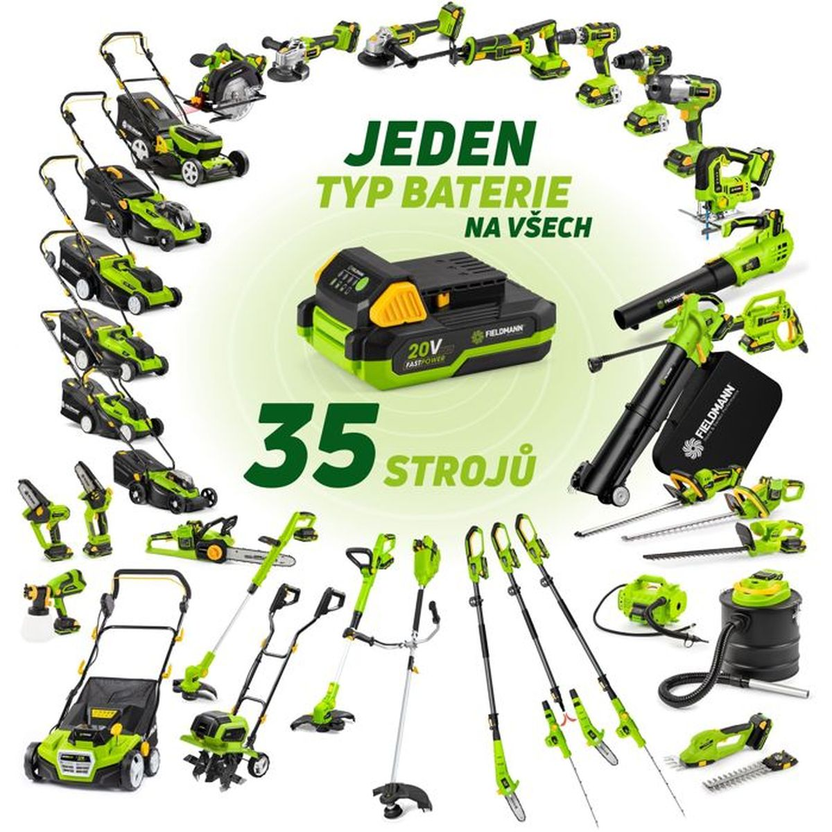Grüne und schwarze Gartengeräte, darunter Rasenmäher, Laubbläser, Heckenscheren und mehr.
