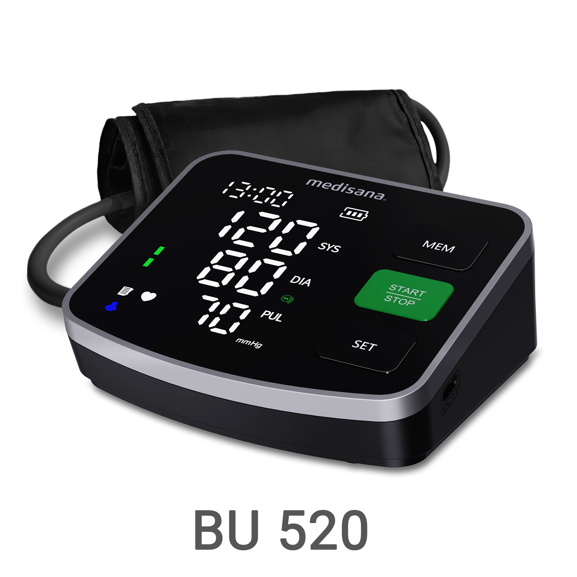 Un misuratore di pressione digitale Medisana con bracciale e schermo neri.