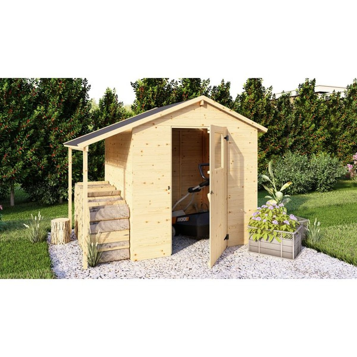 Holzschuppen mit Stufen, Rasenmäher und Blumenkasten im Garten.
