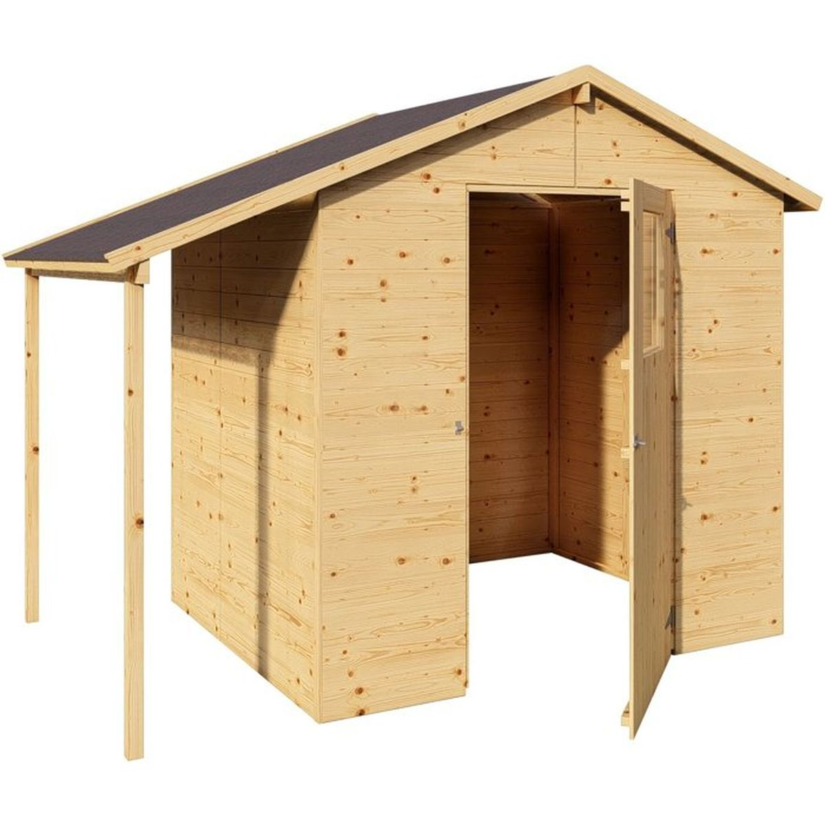 Ein heller Holzschuppen mit offener Tür und überdachtem Eingang. Weißer Hintergrund.