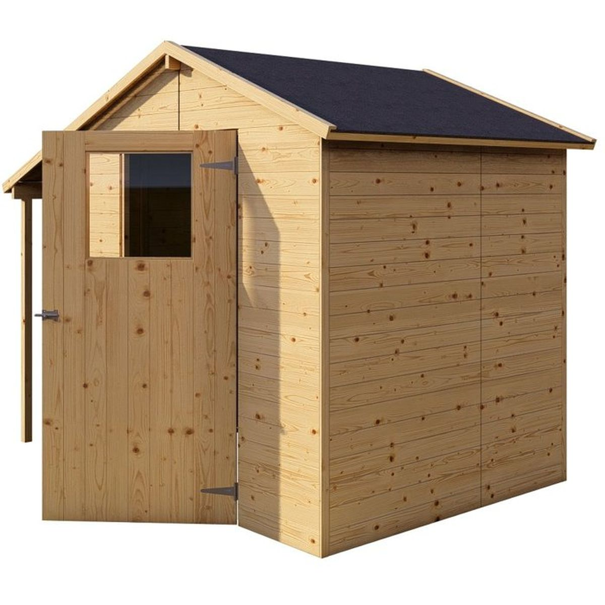 Kleine Holzhütte mit dunklem Dach und offener Tür mit Fenster.
