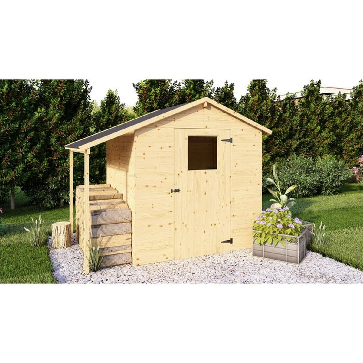 Ein Holzschuppen mit Fenster, Tür und Treppe, draußen im Garten.