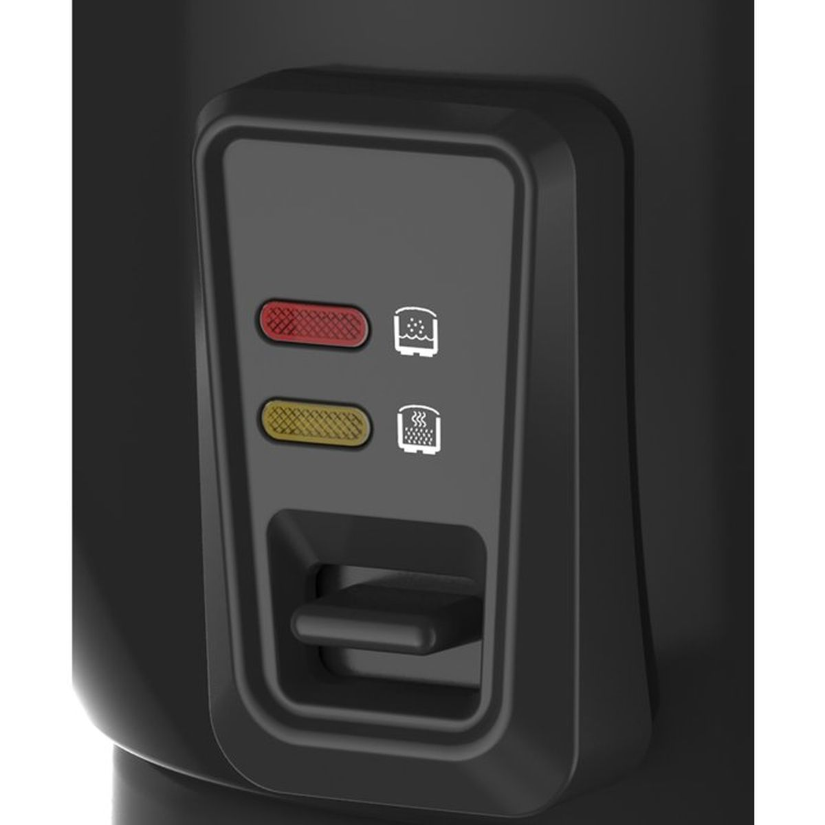 Naheinstellung eines schwarzen Toasters mit rotem und gelbem Knopf.