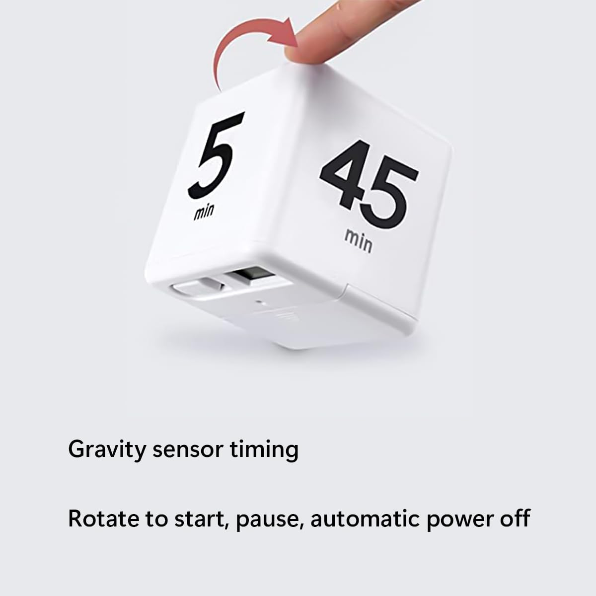 Weißer Würfel-Timer mit '5 Min.' und '45 Min.' Seiten. Finger dreht ihn.
