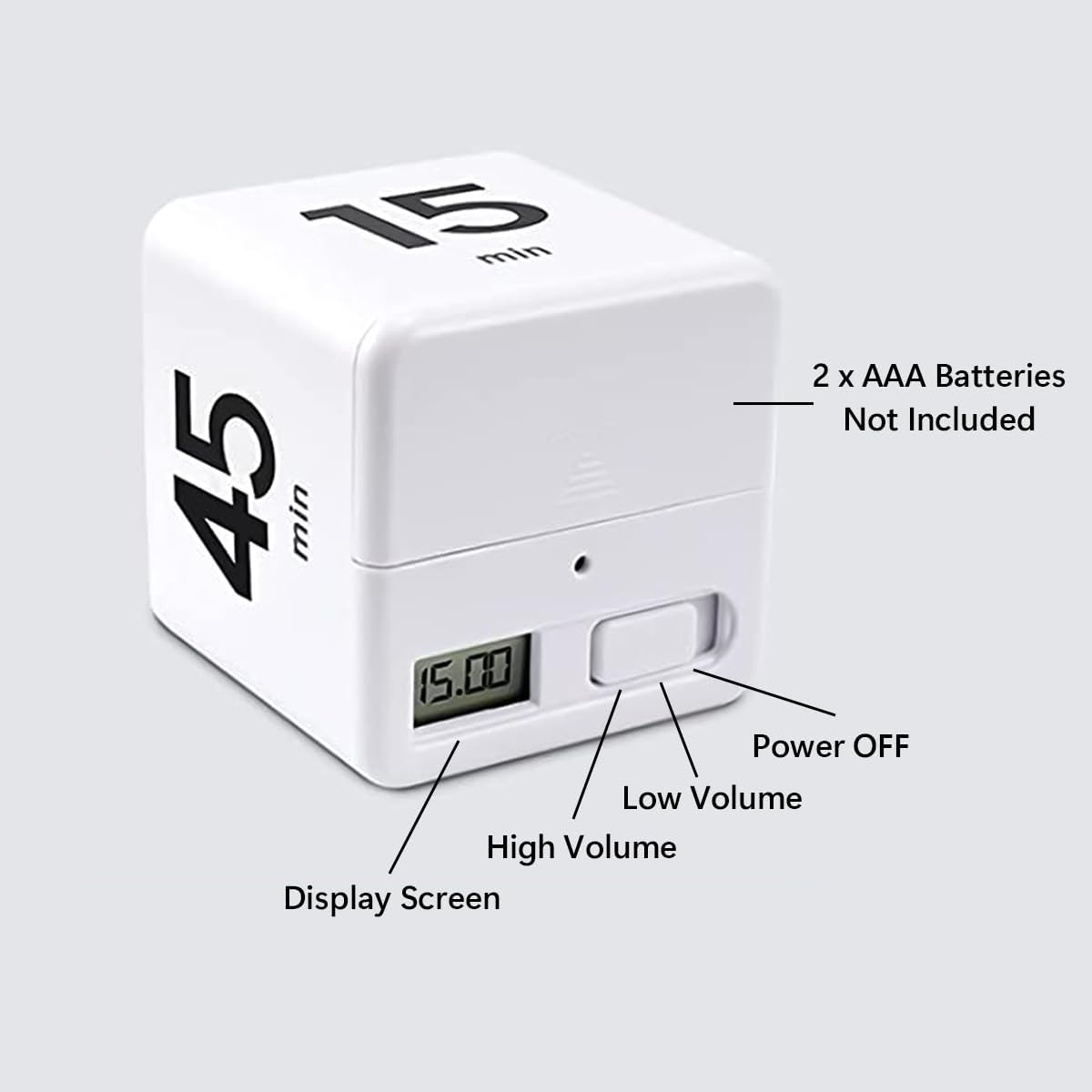 Ein weißer Würfel-Timer mit Zahlen 45 und 15, Display zeigt 15.00.