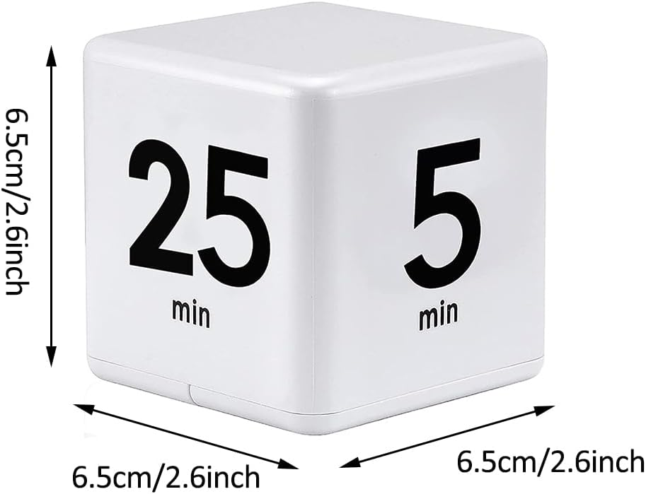Ein weißer Würfel-Timer mit den Ziffern 25 und 5 in Schwarz, Maße 6,5 cm.