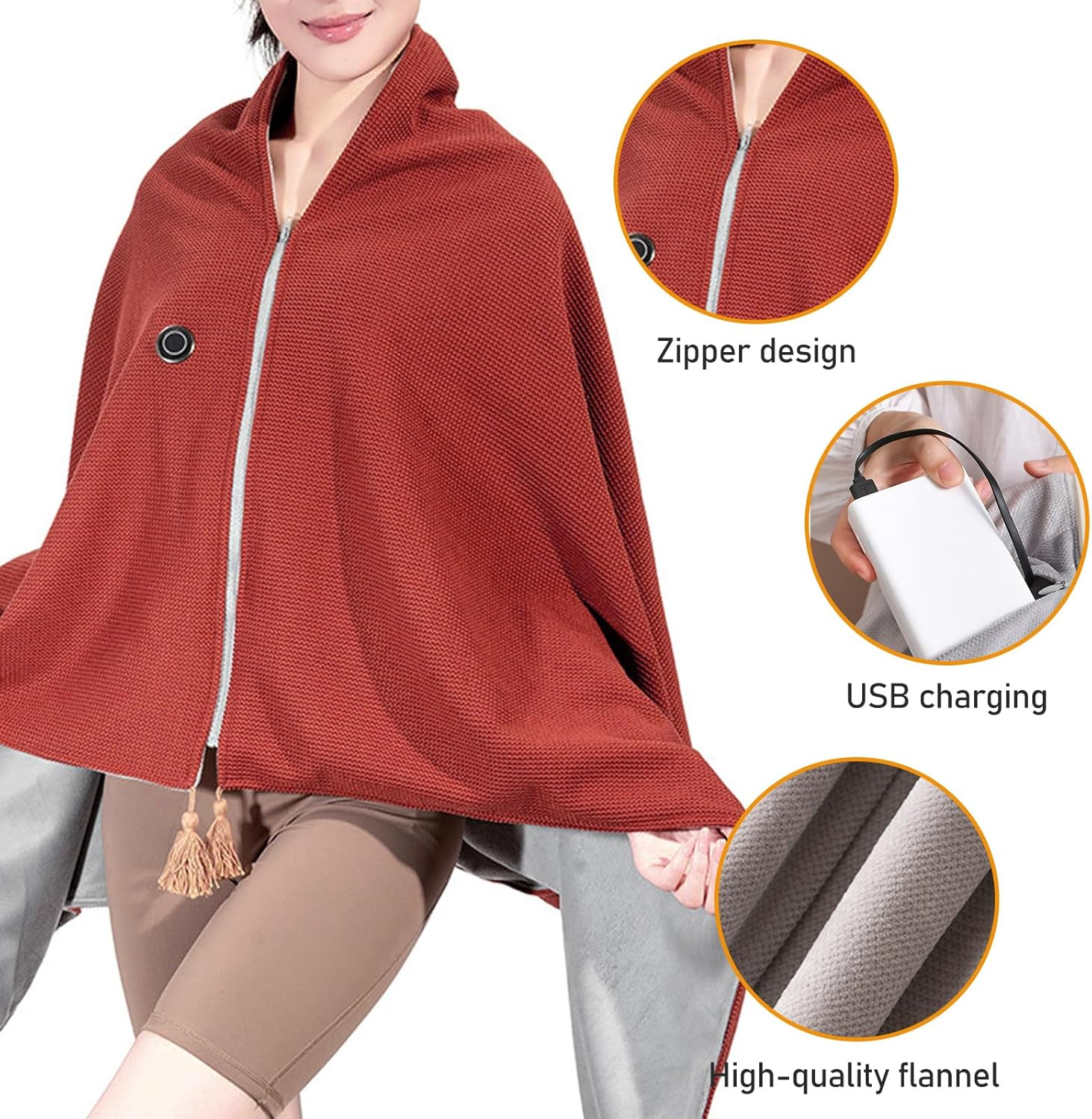 Frau trägt einen roten Strickumhang mit Reißverschluss, Quasten und USB-Ladefunktion.