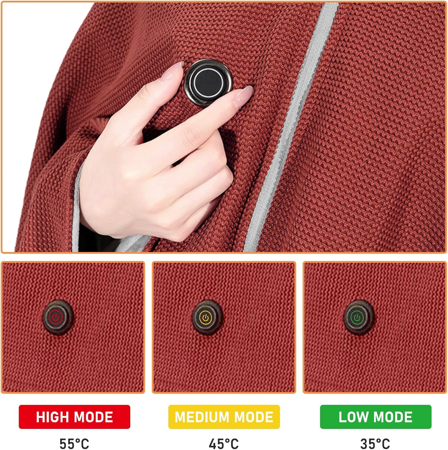 Eine Hand berührt einen Knopf an einem roten Pullover mit drei Heizmodi.