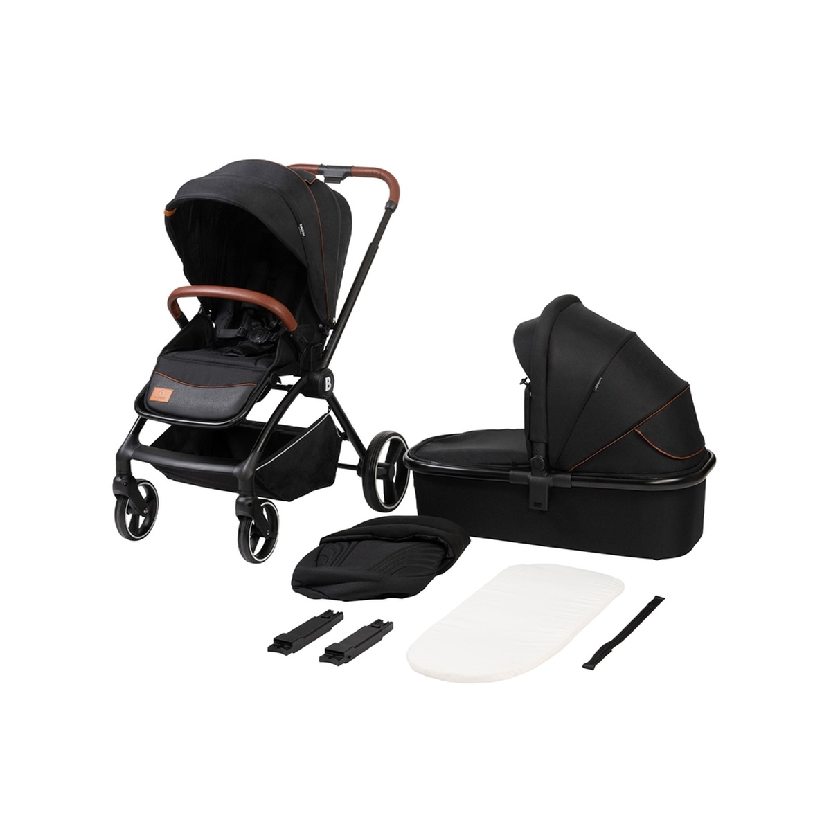 Schwarzer Kinderwagen mit Babywanne, Fußsack, Matratze und Adaptern.