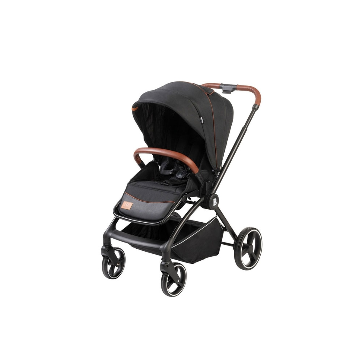 Schwarzer Kinderwagen mit braunen Griffen und Sitz, auf weißem Hintergrund.