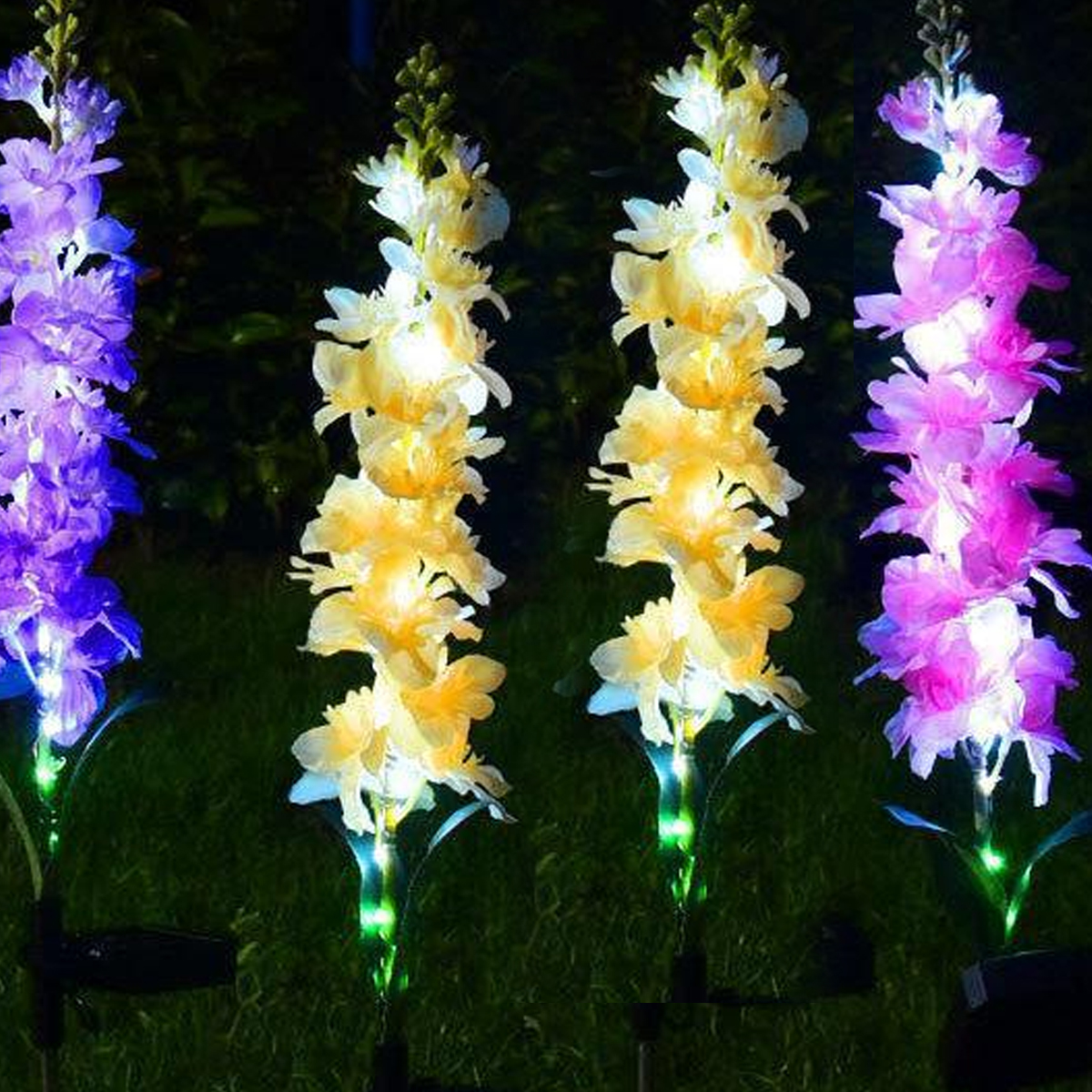 Vier beleuchtete Blumen im Garten: Lila, Gelb, Gelb, Pink. Nachtszene.
