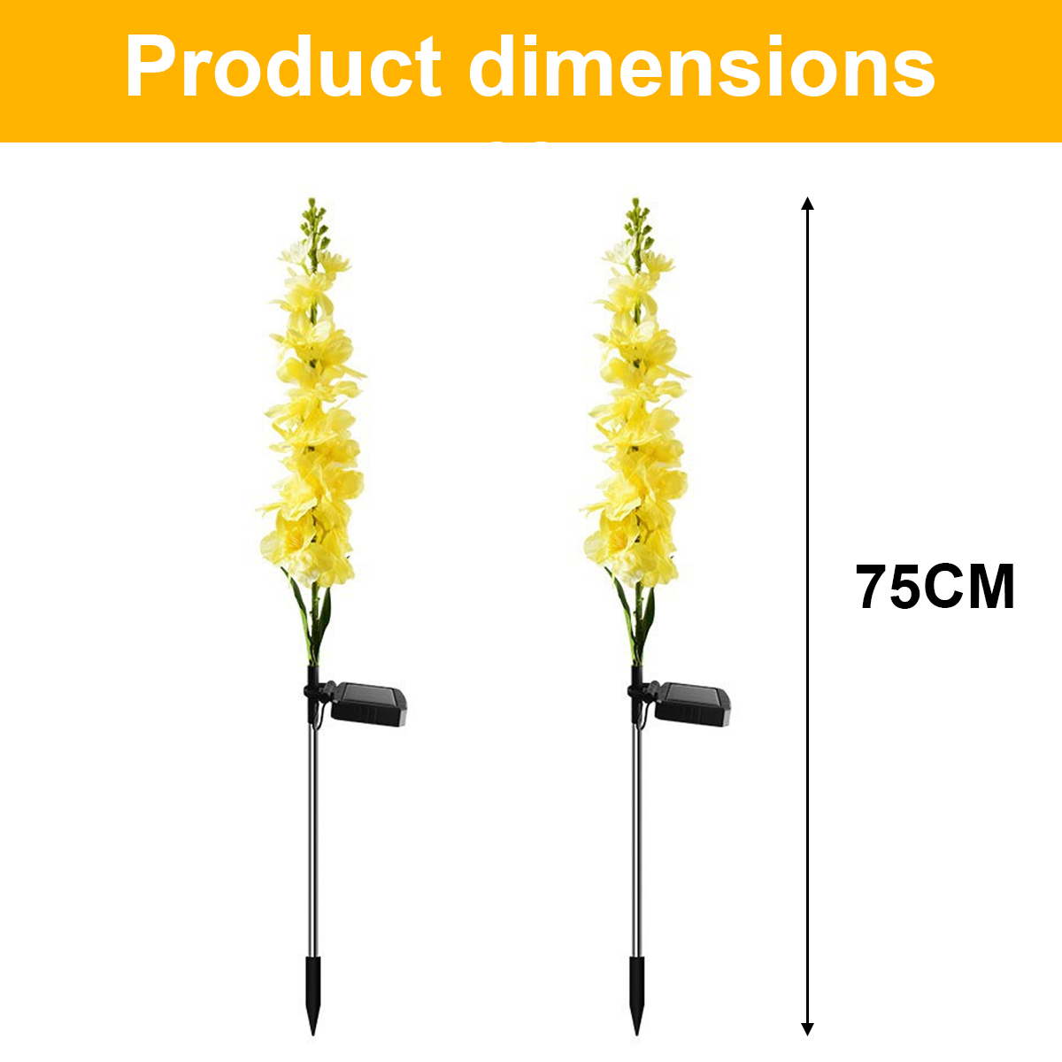 Zwei gelbe Blumen-Solarleuchten, 75 cm hoch.