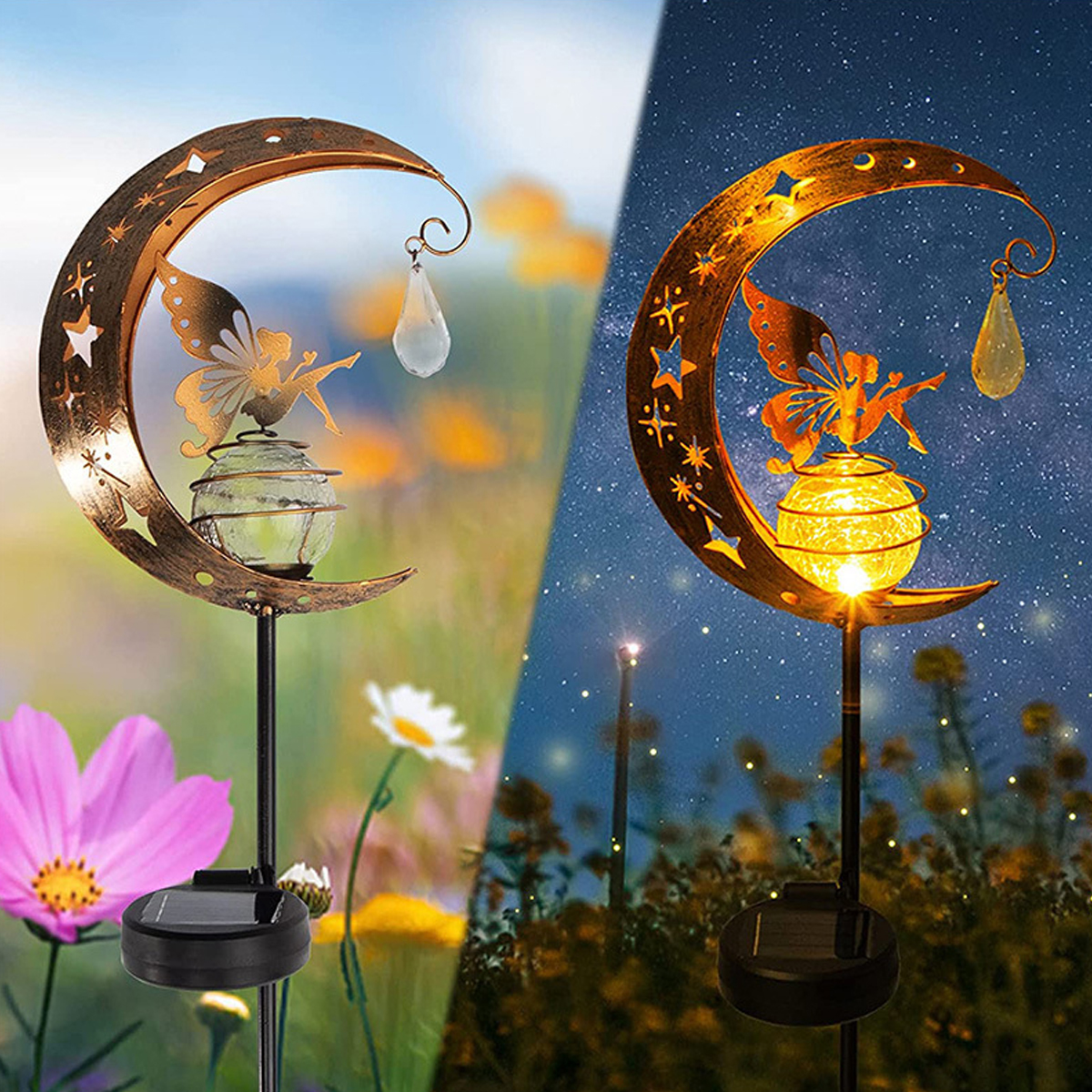 Gartenlicht mit Mond, Fee und Glaskugel, Tag und Nacht.