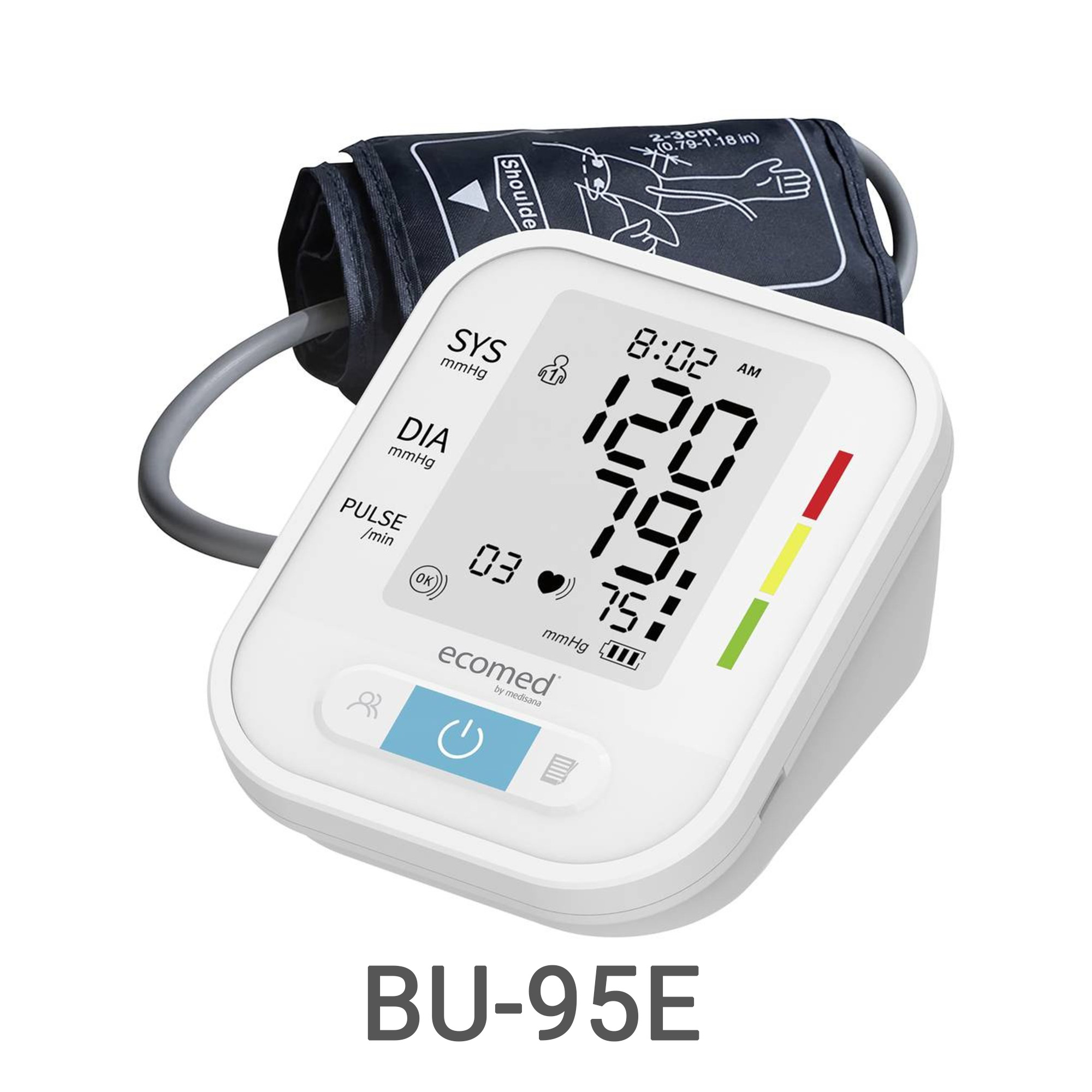 Un misuratore di pressione digitale con bracciale mostra 120/75 mmHg.