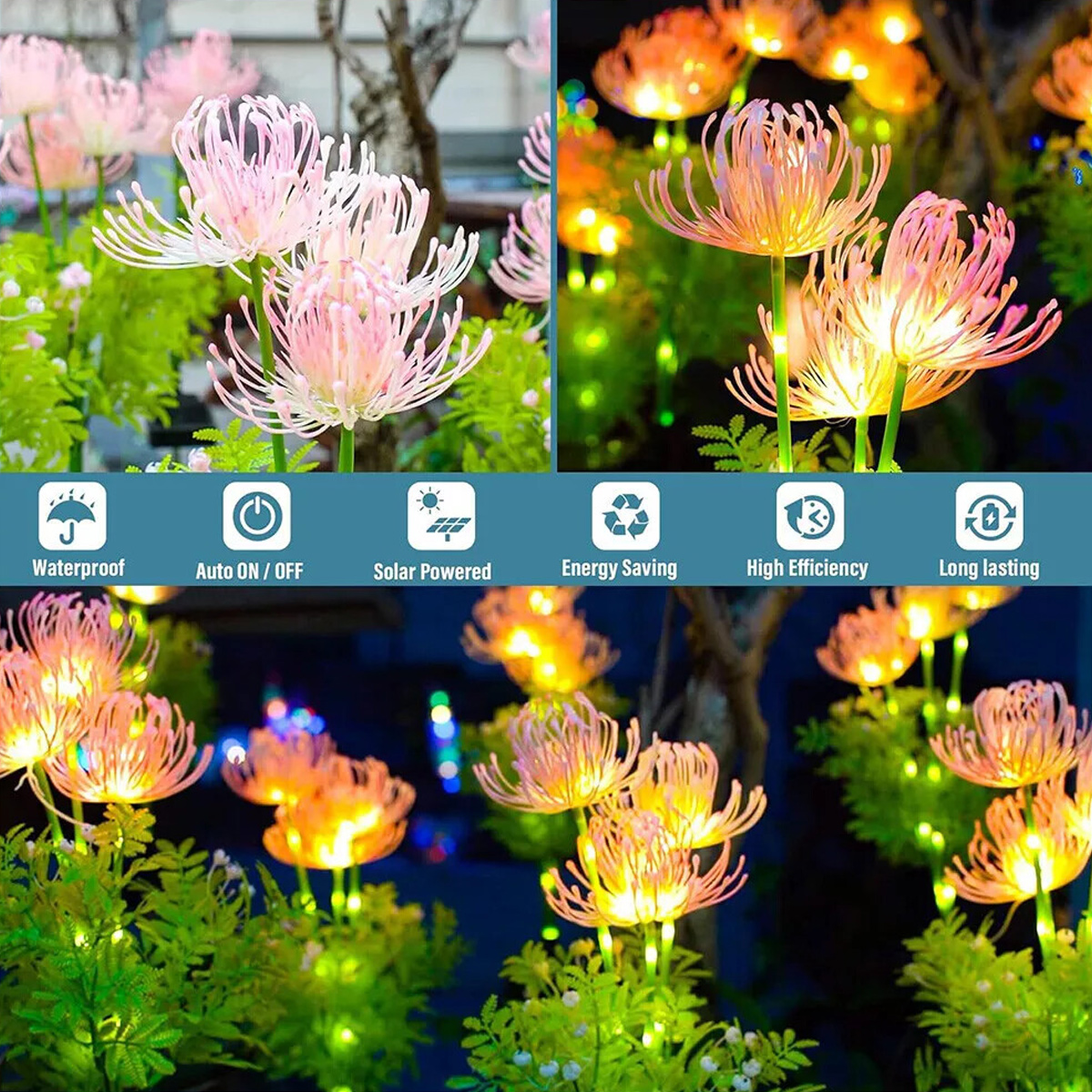 Dekorative Solarlichter in Form von rosa und orangefarbenen Blumen mit grünem Laub.