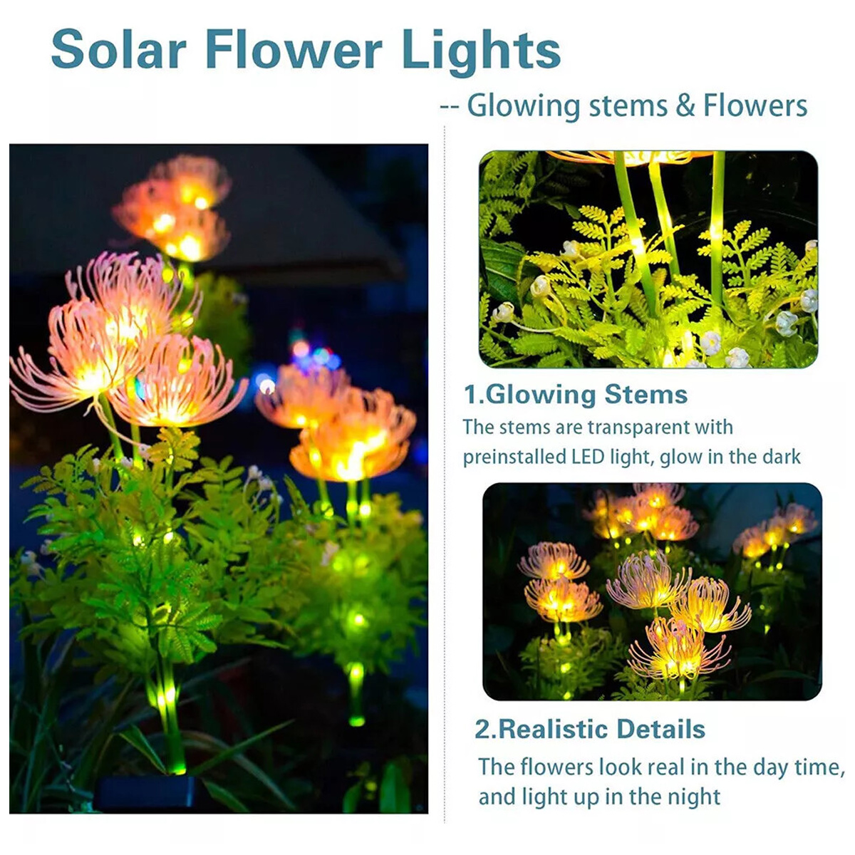 Leuchtende Solarblumen mit transparenten Stielen und LED-Licht.