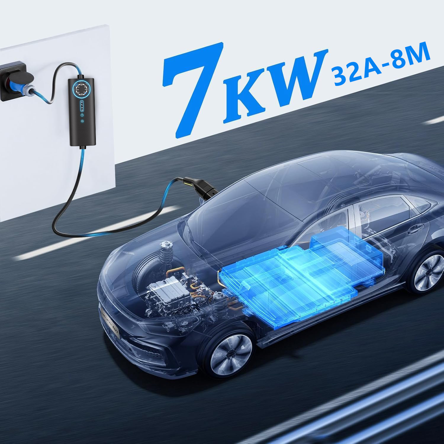 Samochód elektryczny ładuje się przez ładowarkę 7KW. Bateria jest widoczna.
