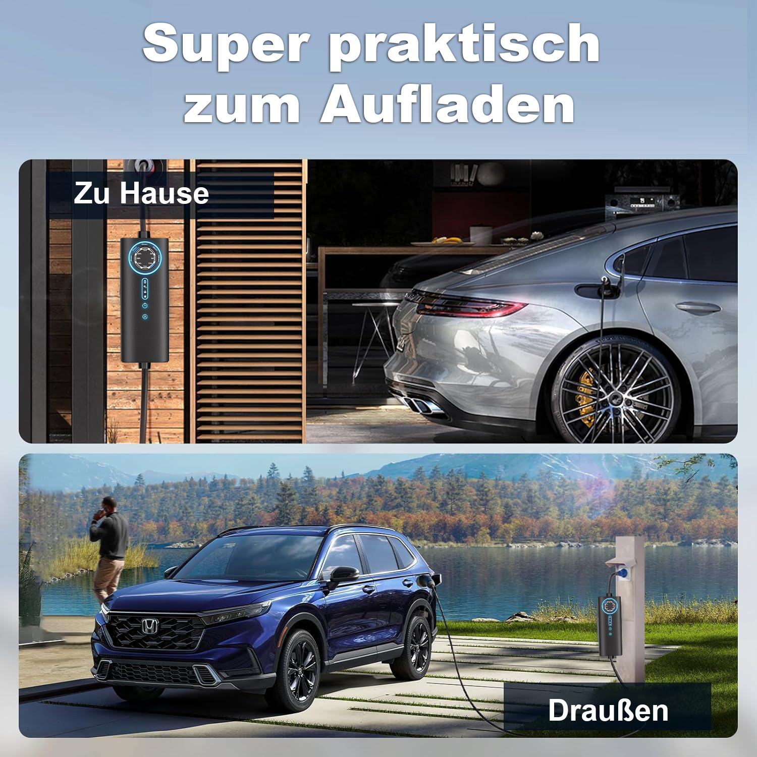 Elektrische Autos werden zu Hause und draußen geladen.
